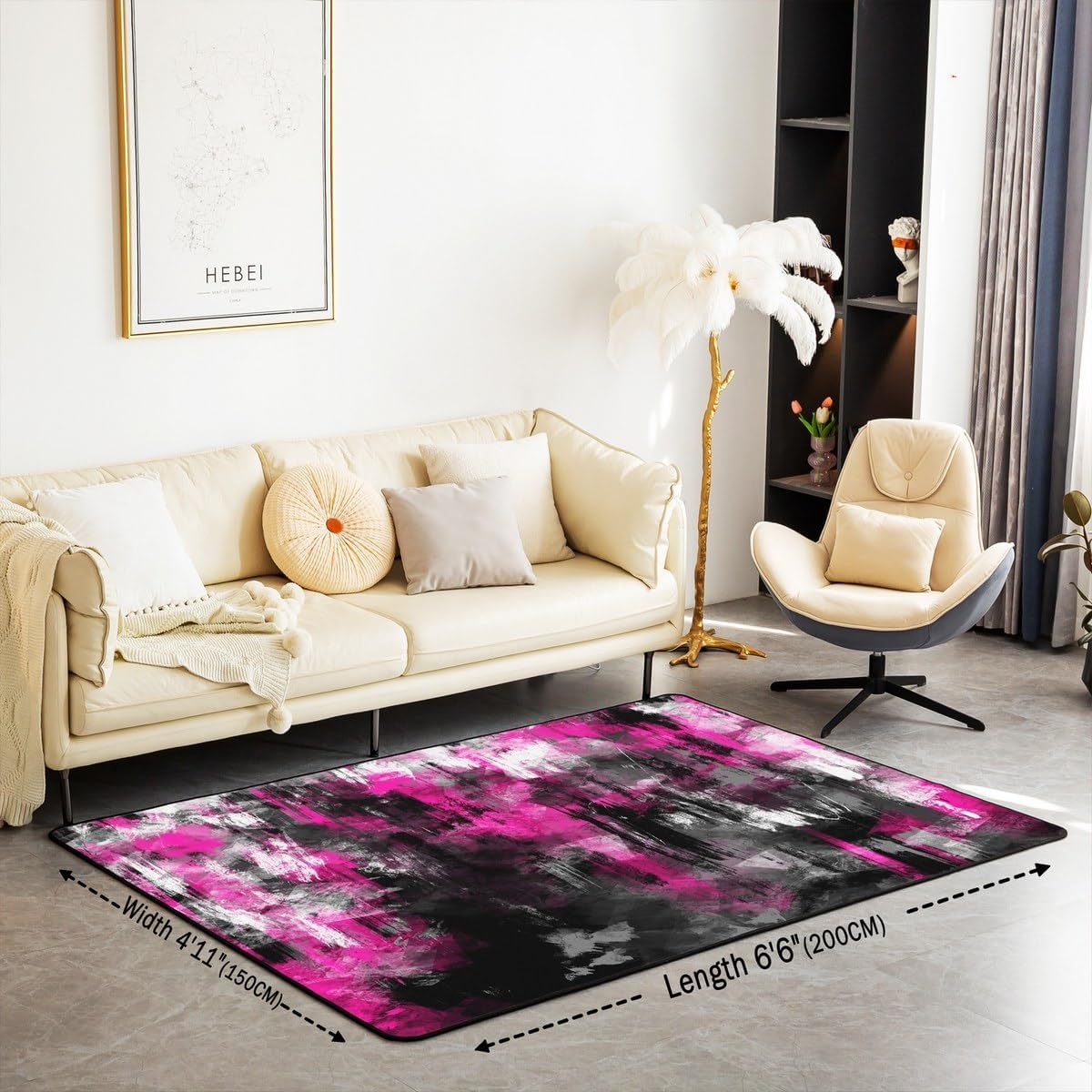 jejeloiu Abstract Geometric Area Rug 5x7 Kids Hot Pink Black Living Room Rugs for Bedroom Teens Modern Art Decor Carpet Breathable Soft Lightweight Room Decor Indoor Floor Mat