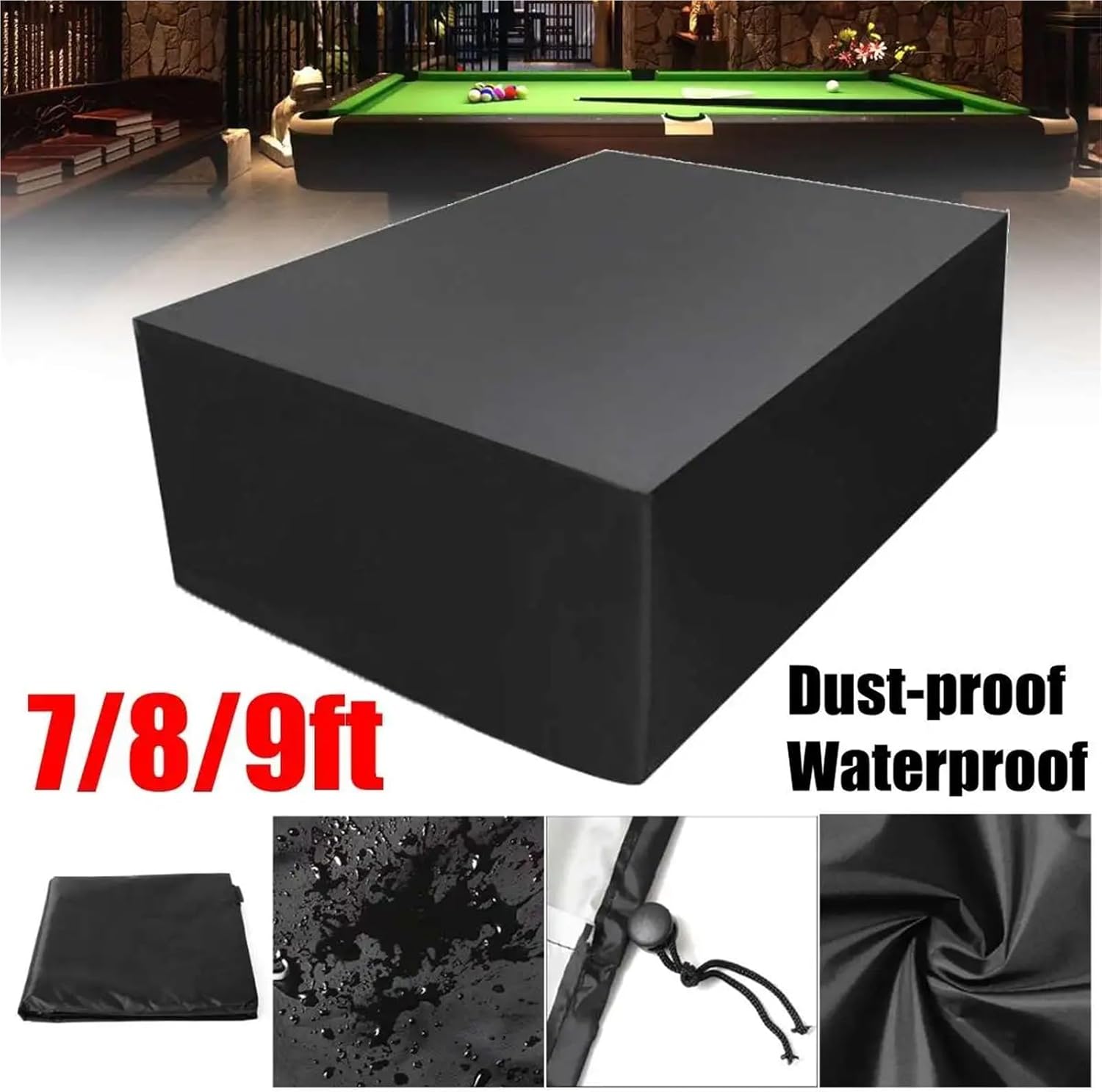 1pc 7ft 8ft 9ft Billiard Table Cover Waterproof Dustproof Resistant Snooker Protector With Locking rope(Silver,225x116x82cm)