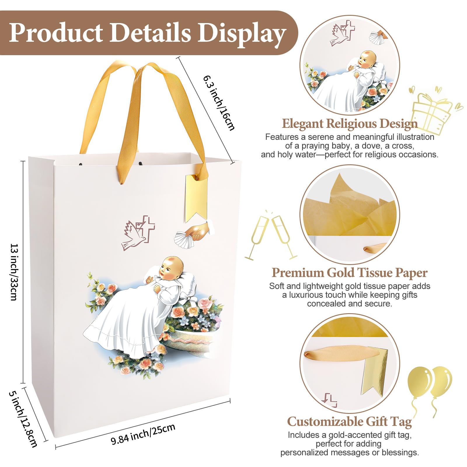 reviamz White Gift Bag Holy Spirit Design with Tissue Paper for Baby Boy and Girl Baptisms,Christenings,Baby Shower,First Communions Dedication Gifts for Religious Catholic Occasion- 10" x 5" x 13"