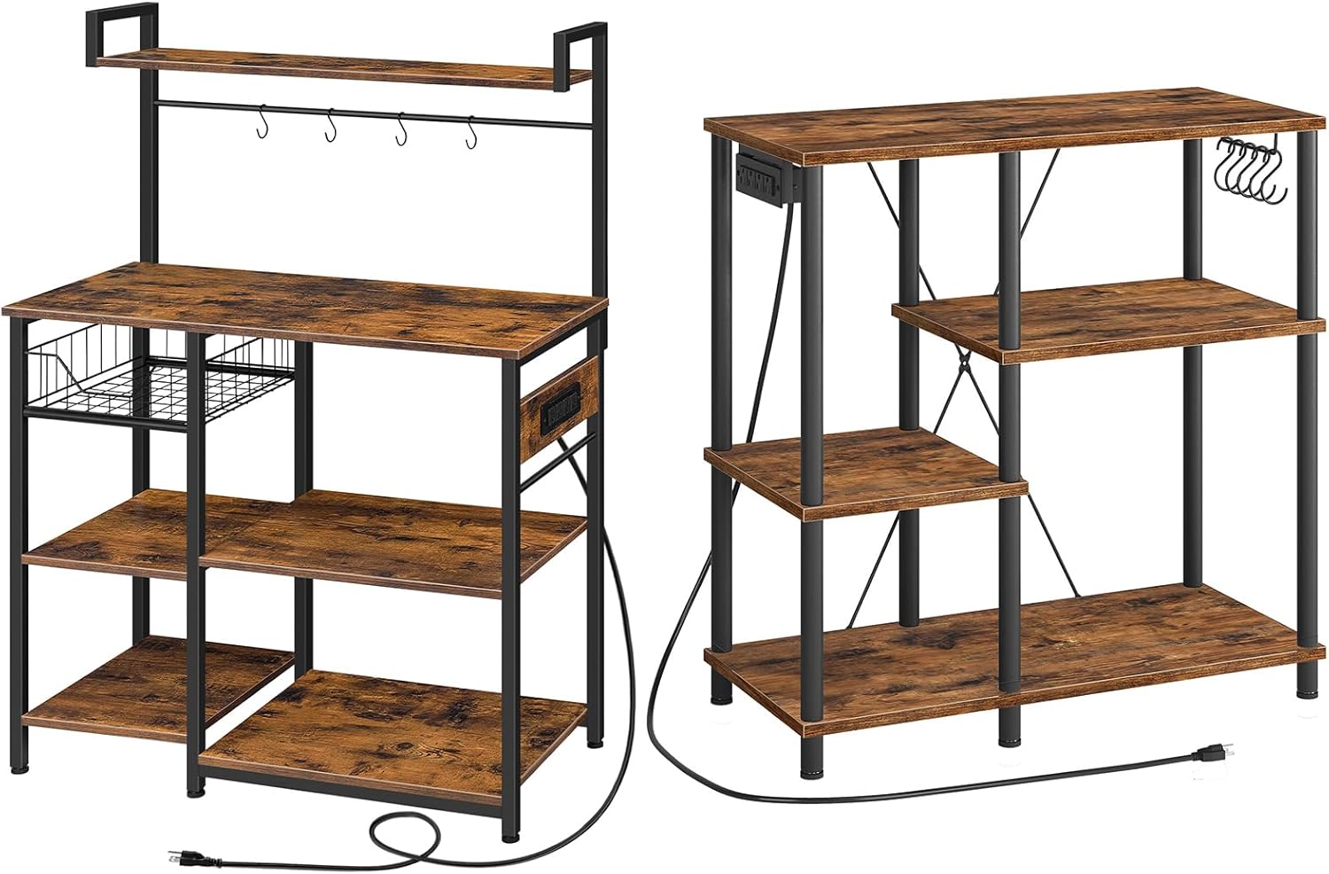HOOBRO Bakers Rack with Power Outlet and Microwave Stand with 5 S-Shaped Hooks, 35.4 Inches Coffee Bar with Mesh Basket, Coffee Bar Kitchen Storage Shelf, Rustic Brown and Black BF05HB01-BF07UHB01