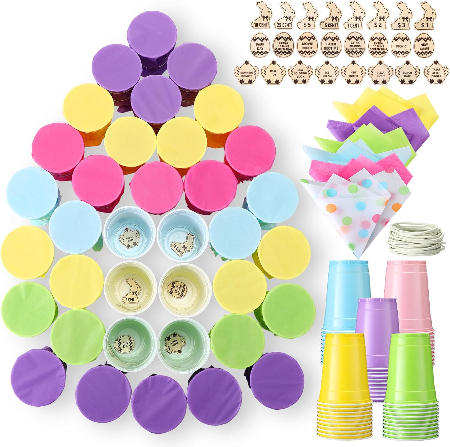 50 Pack Farm Party Game Set DIY Prize Punch Box 50 Pcs 16oz Plastic Cup 120 Sheets Tissue Paper 24 Wood Token 50 Rubber Band for Adopt a Farm Animal Adopt a Pet Party Favors