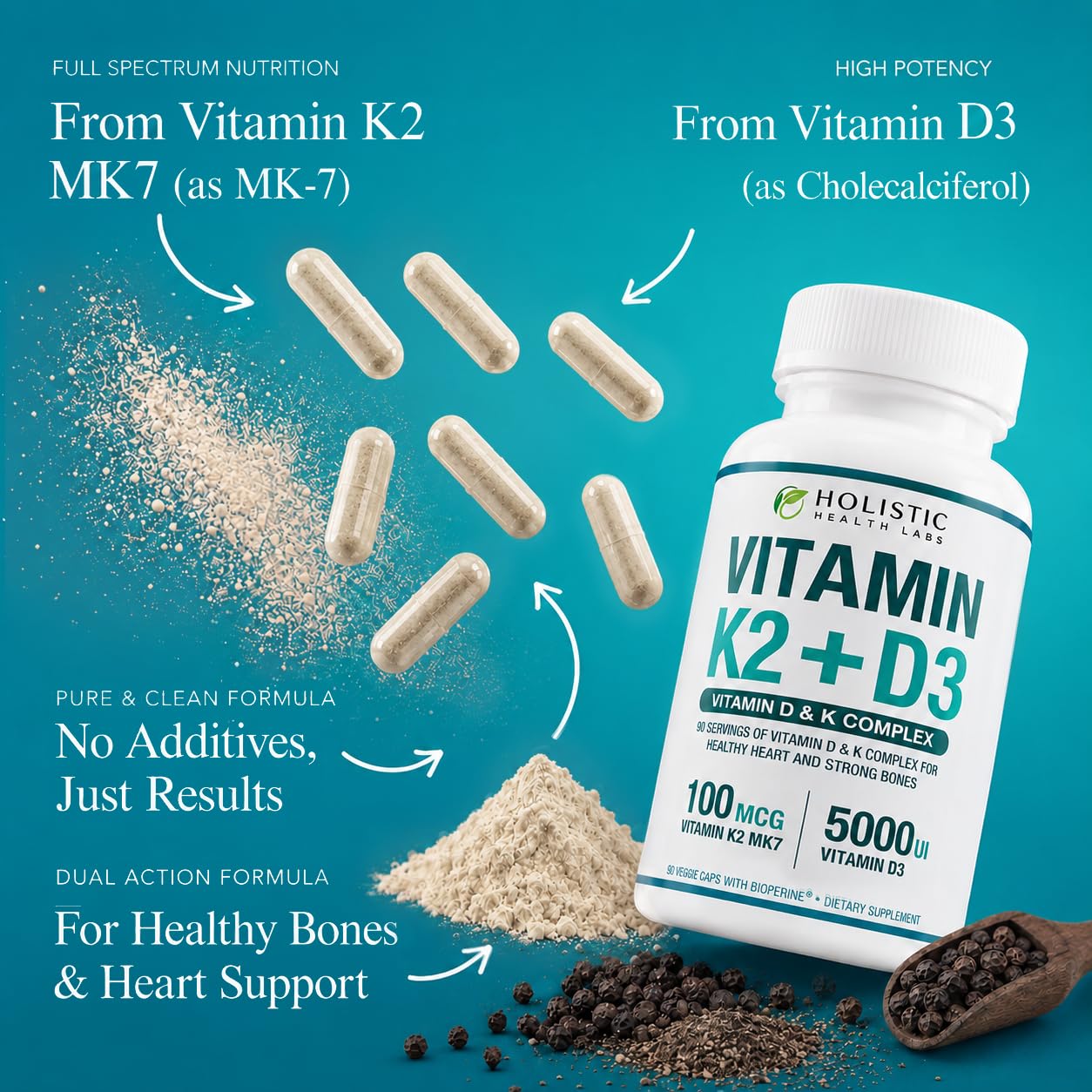 Max Absorption Vitamin K2 + D3 (5000IU) 90 Veggie Capsules From MK-7 (Menaquinone-7) and Cholecalciferol (With BioPerine) 3-Months Supply – D3 with K2 For Healthy Heart and Strong Bones | Non-GMO — Amazon image 5