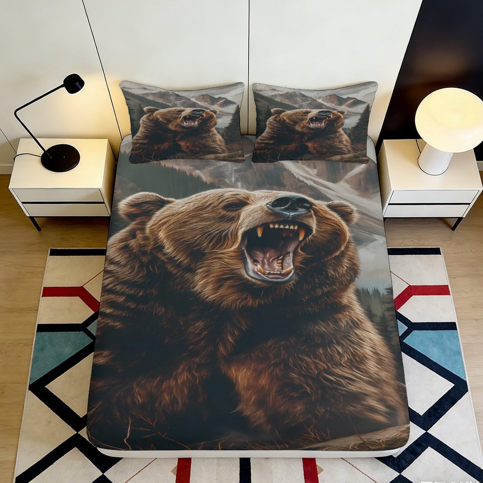 3D Printed Brown Bear Fitted Sheet Microfiber Soft Durable 3D Printed Roaring Bear Mattress Cover for Bedroom Dormitory Guest Room Protection 120x200x25cm
