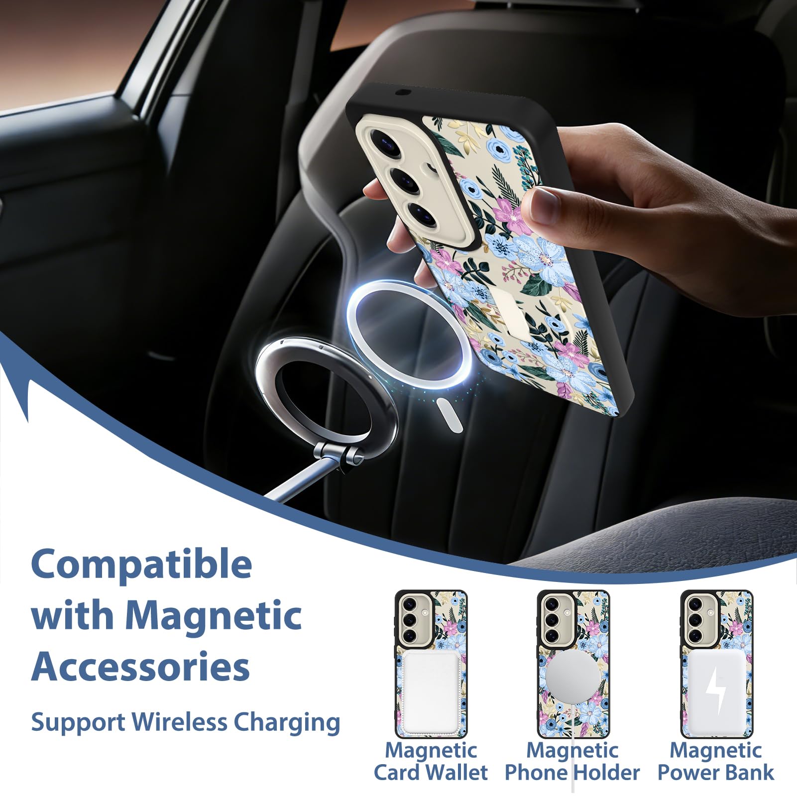 Funda magnética floral para Samsung Galaxy S26 con correa para el dedo, compatible con MagSafe, bonito patrón de flores para mujeres y niñas, cubierta de protección completa de cámara con