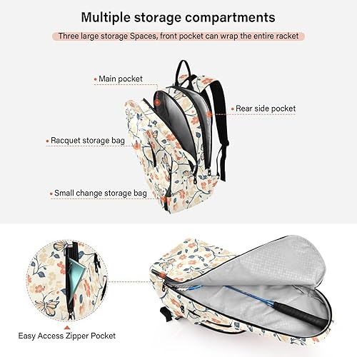 Miniatura 5 de Tennis Racquet Ball Bag Cute Sturdy Cartoon Butterflies Flower Light Color Tennis Bag Holds 2 Rackets for Women Men raquetas de tenis para