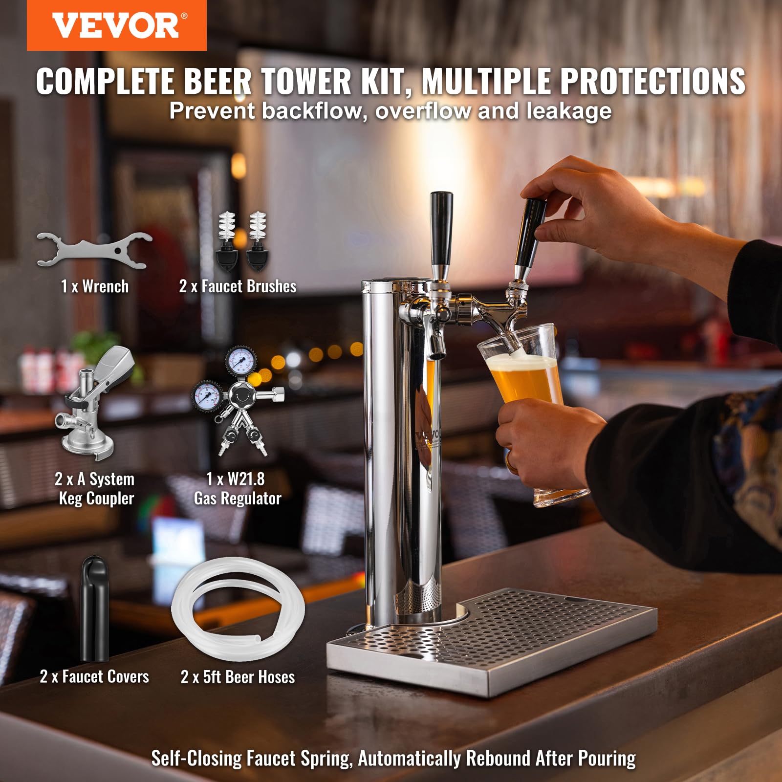 VEVOR Kit Colonne à Bière Double Robinet, Distributeur de Bière Acier Inoxydable, Tireuse à Bière avec Régulateur Double Jauge W21,8