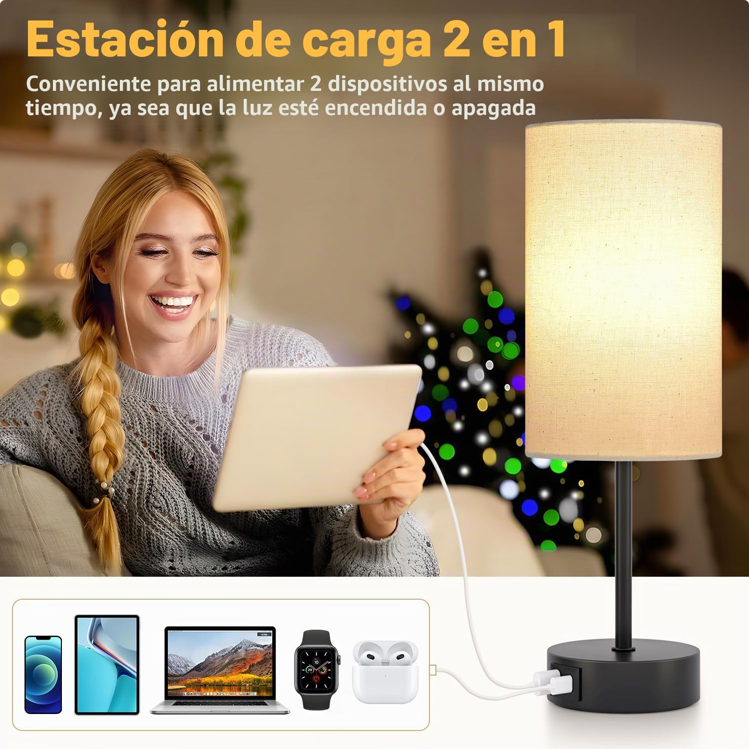 Lamparas de Mesita de Noche Tactil Regulable, Lampara de Mesa con Puertos de Carga USB A+C, Pantalla Lamparas de Lino, Lamparas Pequeña para Dormitorio, Sala de Estar, Habitación de Bebé