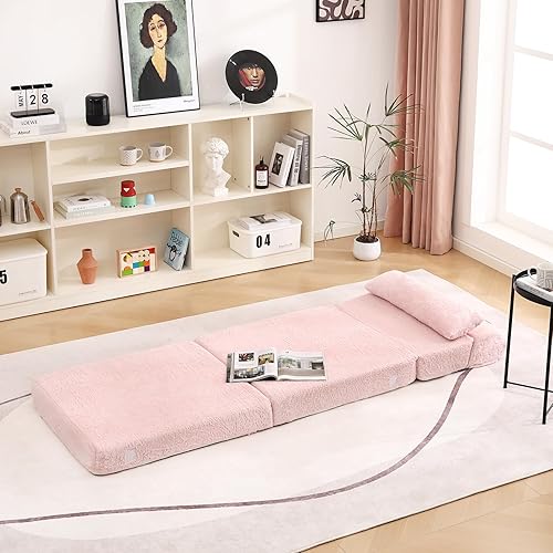 Miniatura 8 de Tiita Sofá cama plegable con almohada, colchón de tamaño individual, tela de felpa con bolsillo lateral, tumbona en el suelo, cama para sala de