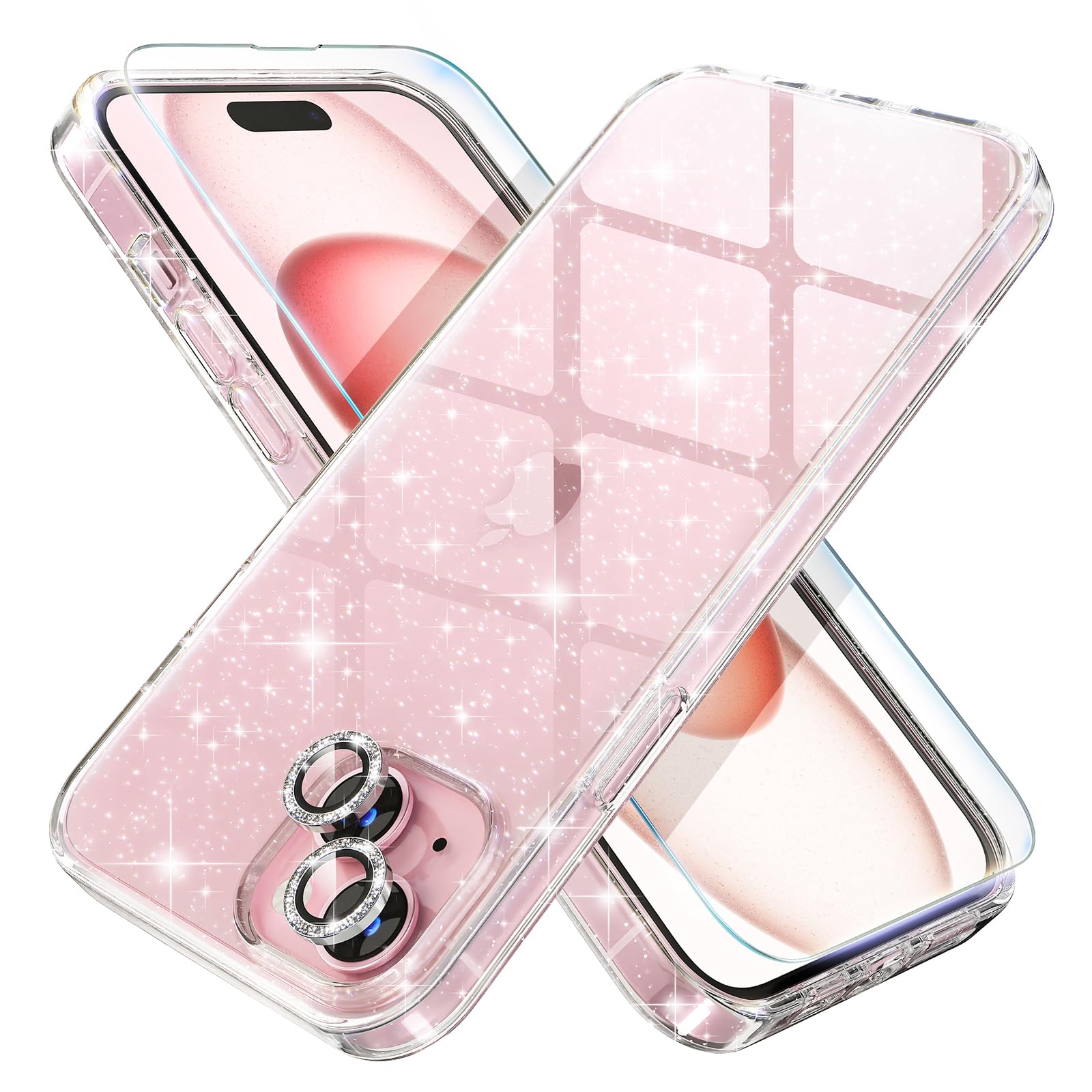 Choiche Funda compatible con iPhone 15 Plus, bonita funda transparente con purpurina brillante para mujer, [2 protectores de lente de cámara de diamante] [2 protectores de pantalla de vidrio templado]