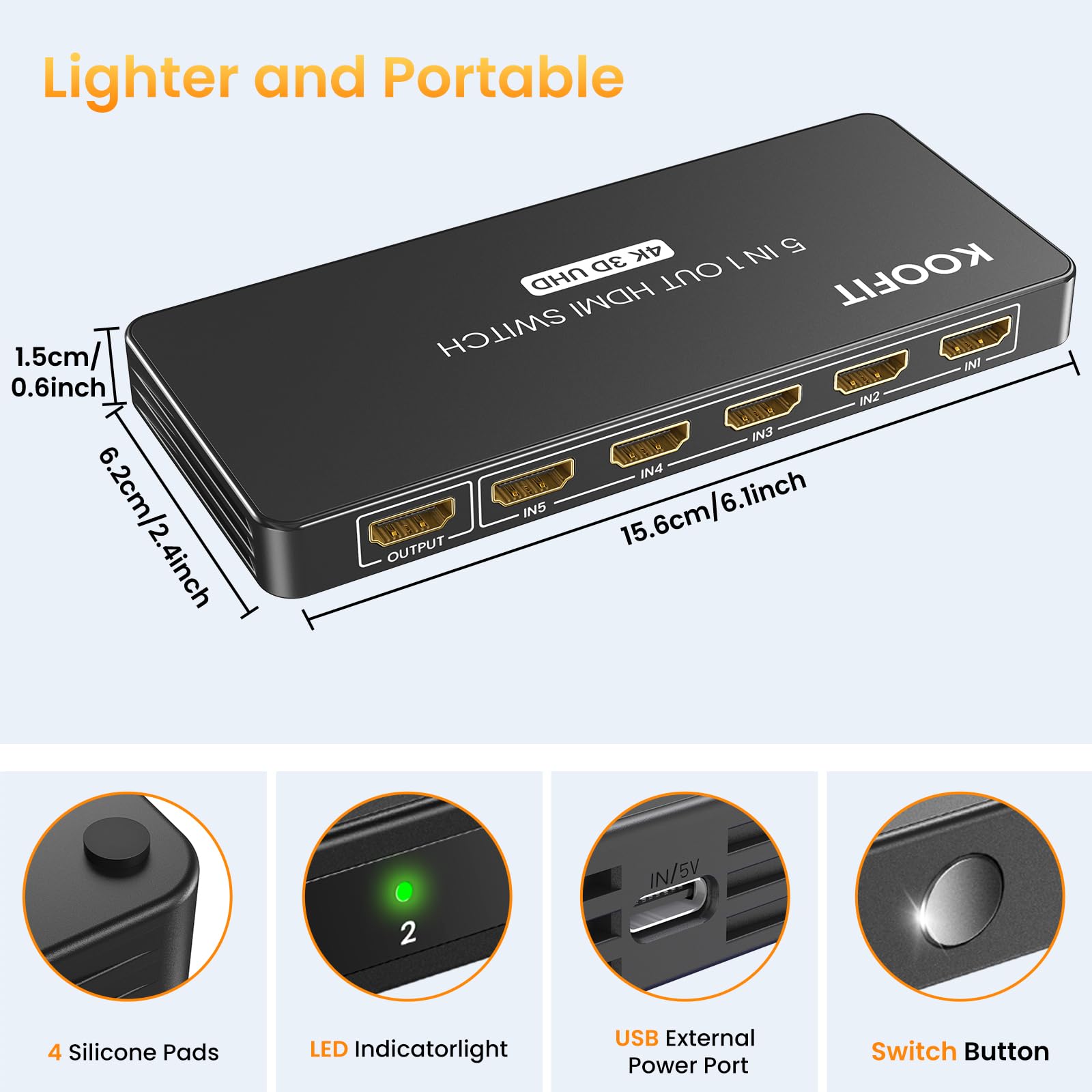 Sdoppiatore HDMI 5 in 1 Automatico Multiconnettore 4K con Telecomando, Commutatore HDMI 5 Porte Supporta 4K 3D UHD per PS5, PS4, PS3, DVD, Blu-ray, Xbox, PC, TV