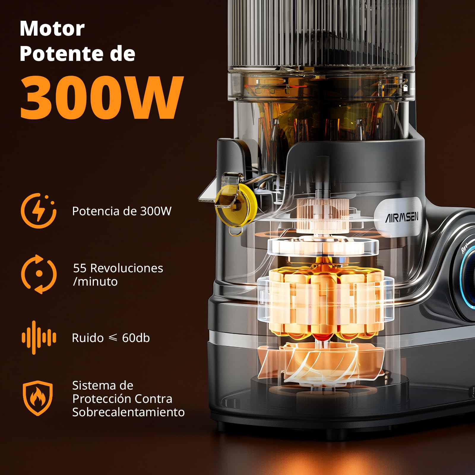 AIRMSEN Extractor de Zumos y Verduras 147MM Apertura Extractor, Capacidad de 2,1 L, Extractor de Jugo Prensado en Frío, Motor de 300 W, Licuadora Silenciosa y Eficiente, Fácil de Limpiar Negro