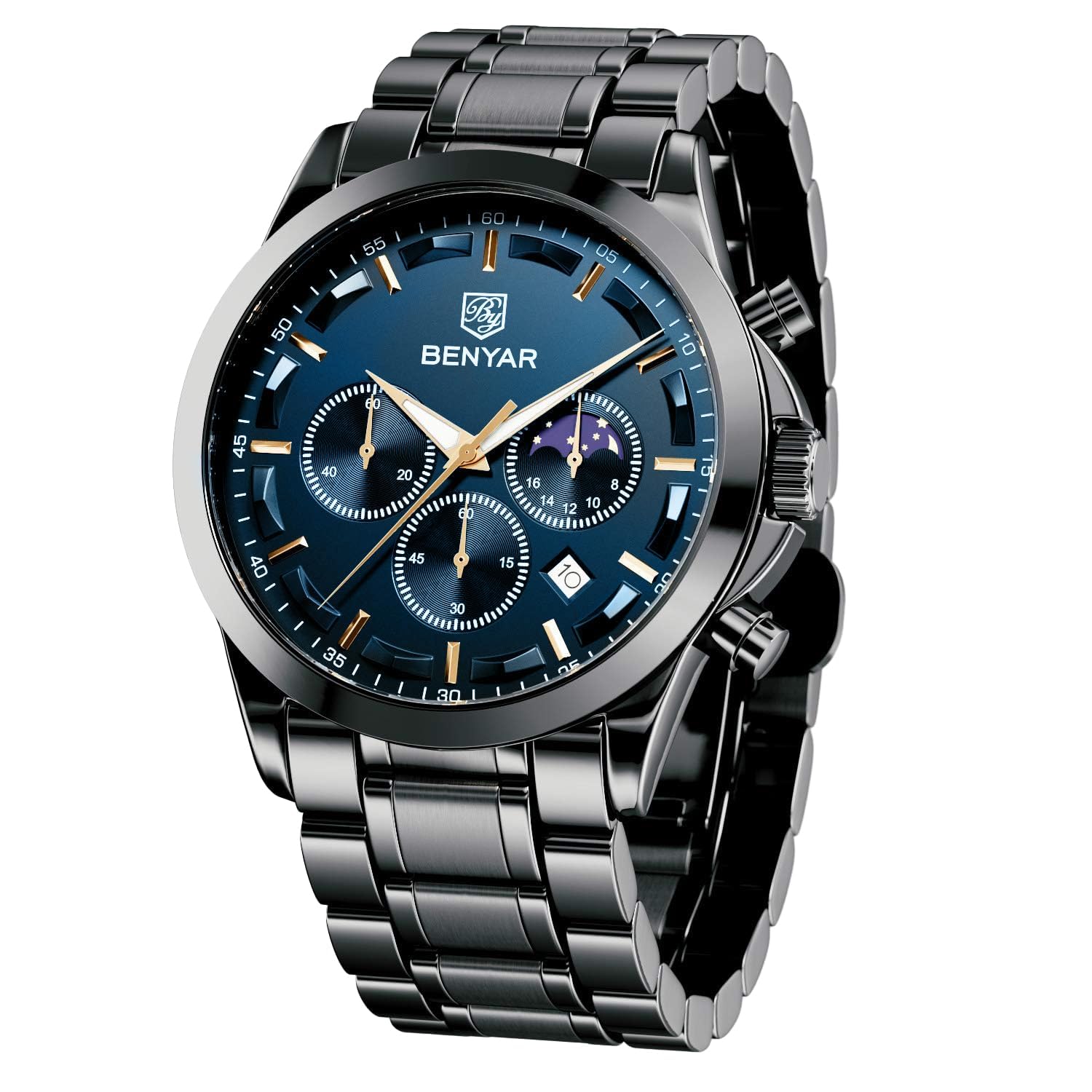 BENYAR BY Orologi da uomo multifunzione cronografo orologio al quarzo per uomo nero acciaio inossidabile/cinturino in pelle analogico orologio da polso regalo casual business