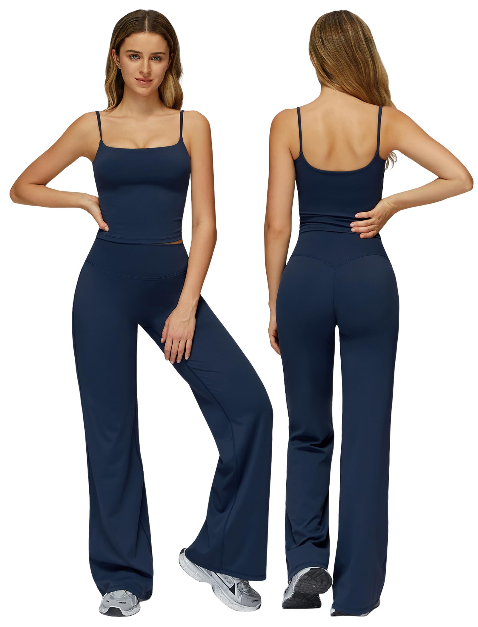 Womens Workout Sets Two Piece Spaghetti Straps Crop Top Matching Straight Leg Pants Gym Work Pilates Outfits