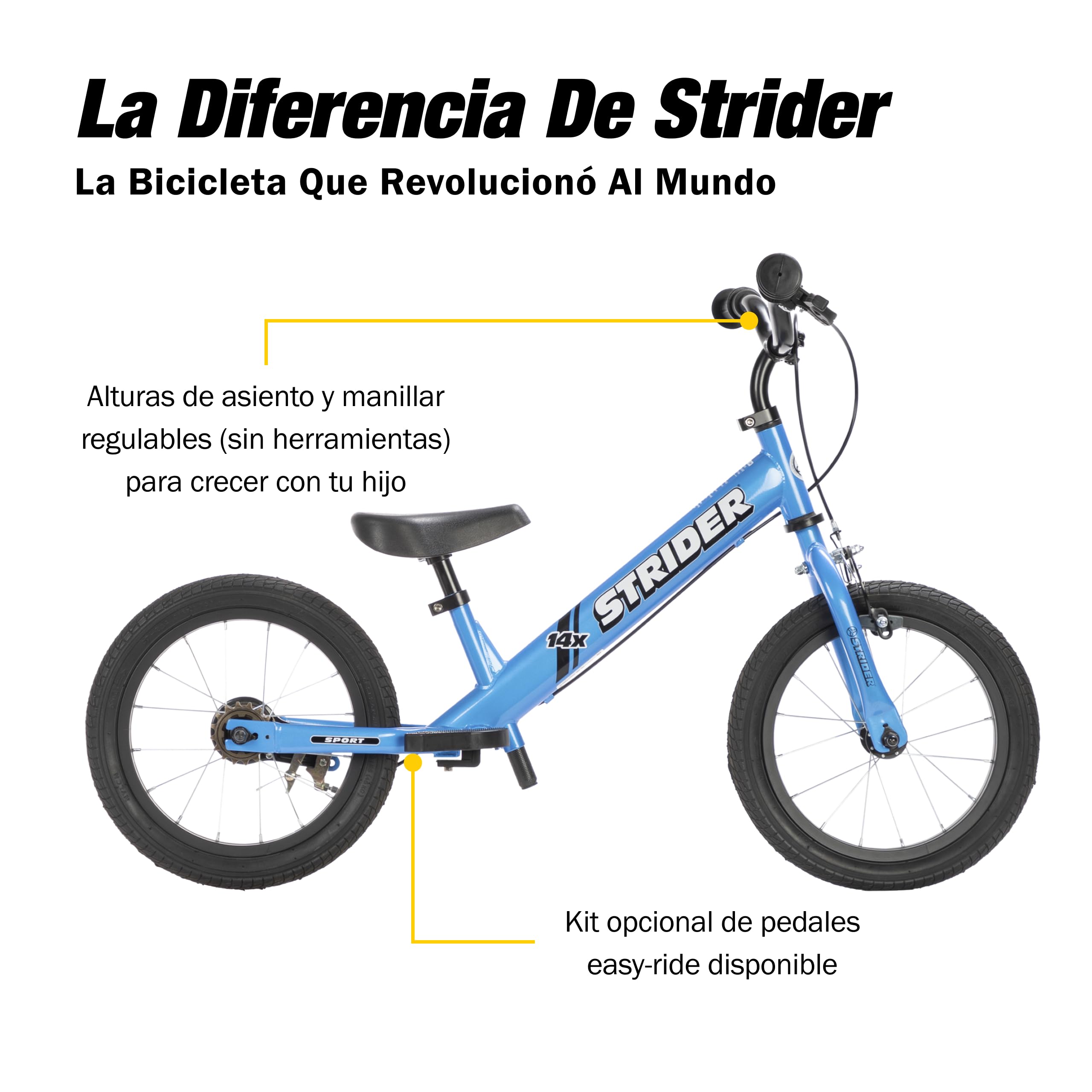 Strider 14x - Bicicleta de Equilibrio para niños de 3 a 6 años - Asas adaptadas, sillín Acolchado, reposapiés y neumáticos para Todo Uso - Montaje fácil