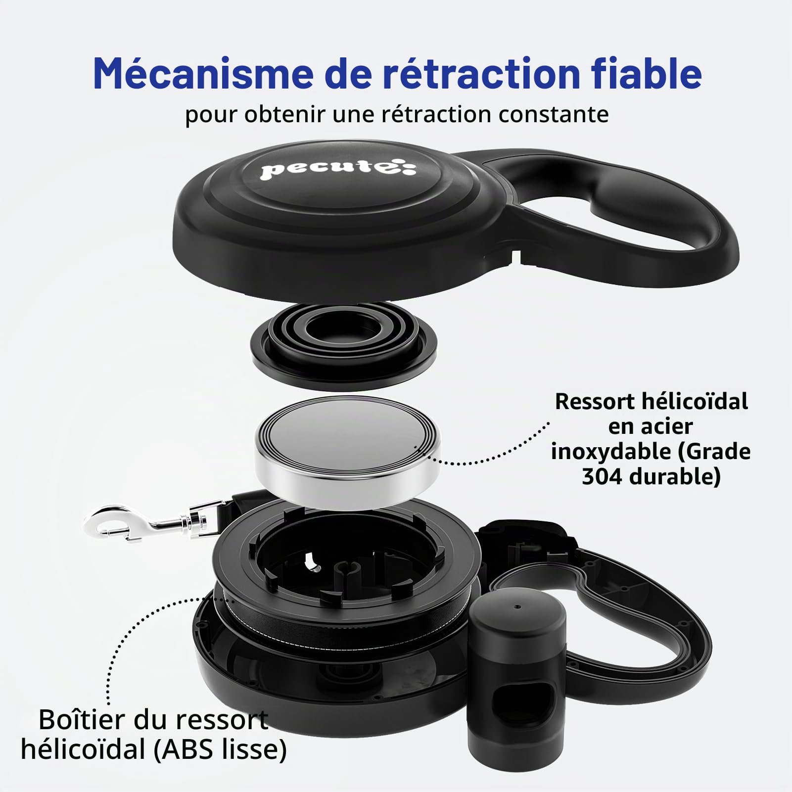 Pecute Laisse Chien Enrouleur 10m, Laisses Rétractables pour Chiens(Jusqu'à 50Kg), avec Un Boutton S'arrêter Bloquer, Ruban en Nylon avec Coutures Réfléchissantes, pour Petit, Moyen et Grand Chiens