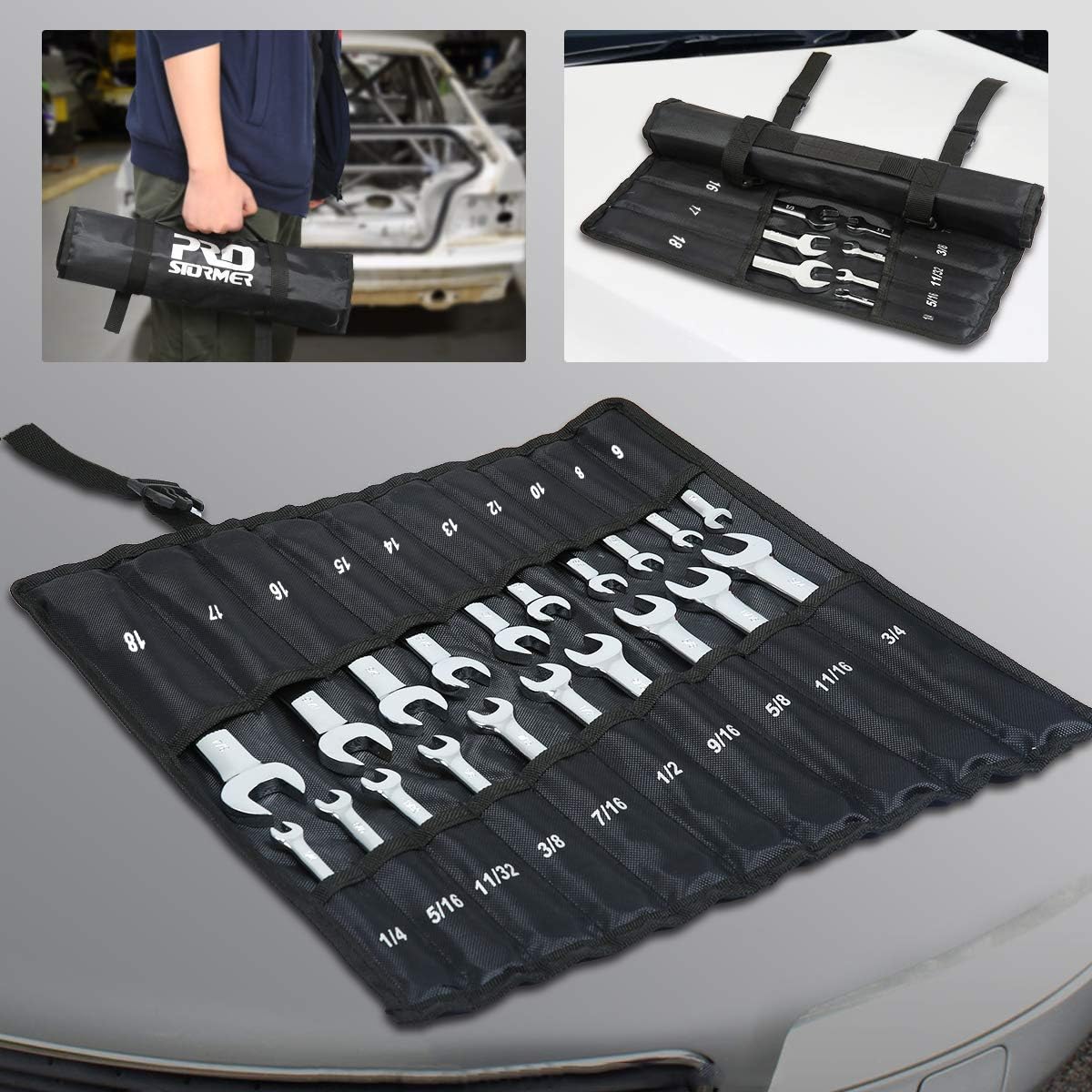 Flаѕh Dеаlѕ - 80% оƒƒ PROSTORMER 20-Piece SAE and Metric Ratcheting Wrench Set, Chrome Vanadium Steel Combination Ratchet Wrench Kit with Portable Roll-Up Canvas Bag (10Pcs Flex-Head + 10Pcs Fixed Head)