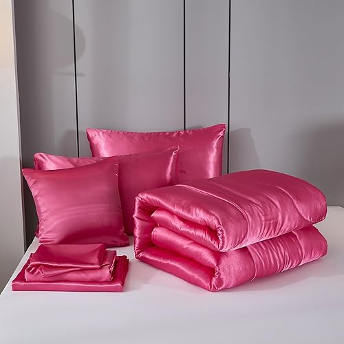 Miniatura 6 de Bedding_Dreamer Juego de edredón de satén con juego de sábanas, cama Queen de color rosa intenso similar a la seda, ropa de cama en una bolsa, 8