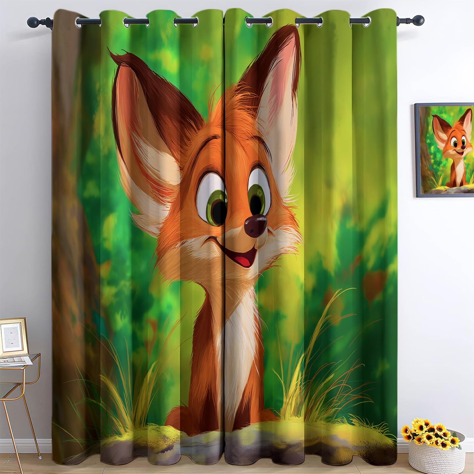 Blackout Curtains Bedroom 29.5” W x 65” L (2 Panels), Cartoon Animal Fox Stars Thermal Insulated Curtains, for Kids Room Living Room Drapes – Green Thermal Insulated Light Blocking Curtain Grommet Top