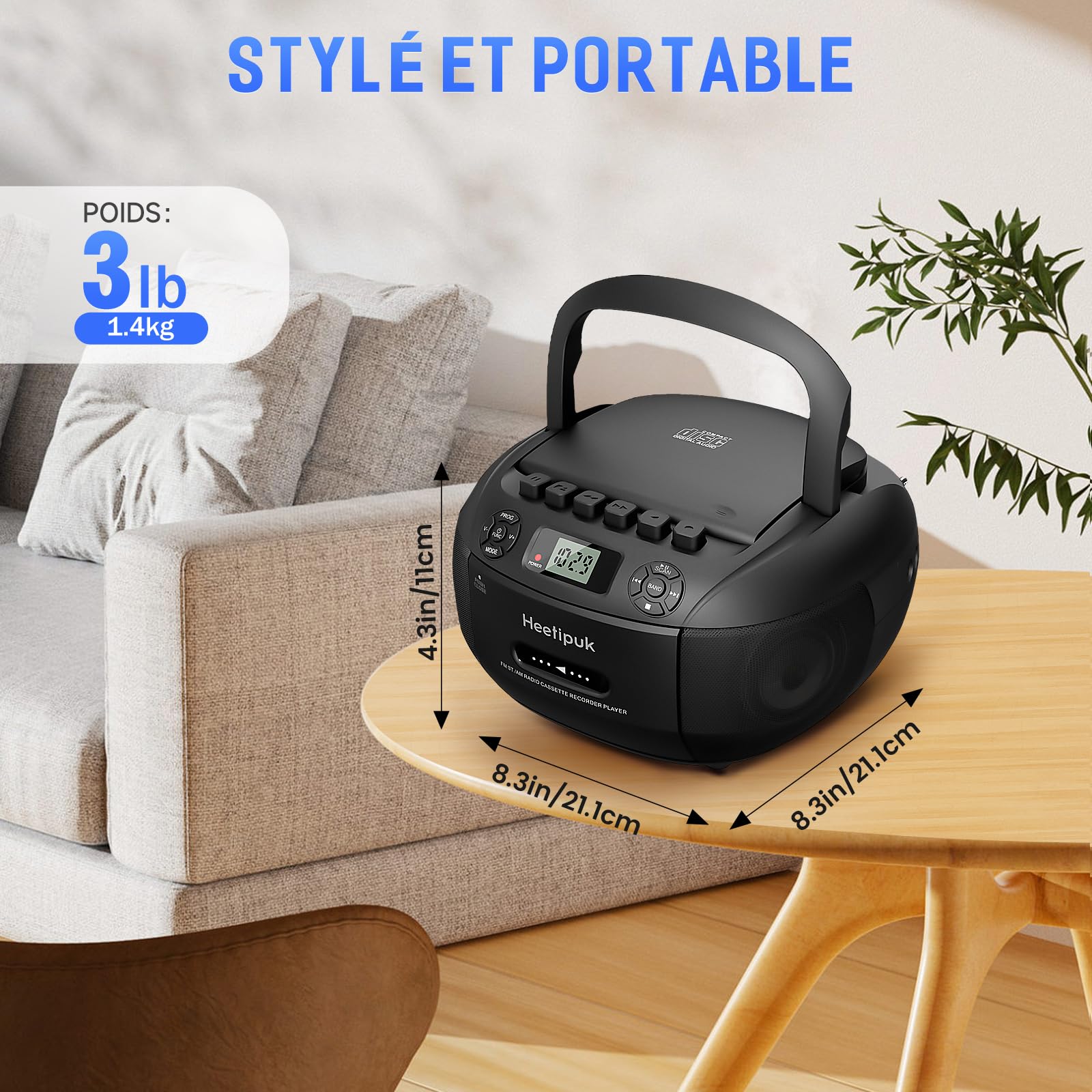 Radio Cassette CD Portable, CD66 Lecteur CD Bluetooth, Poste CD Cassette Radio avec Entrée Audio USB/AUX, Haut-Parleur Boombox, Lecture MP3 pour Adulte et Enfant