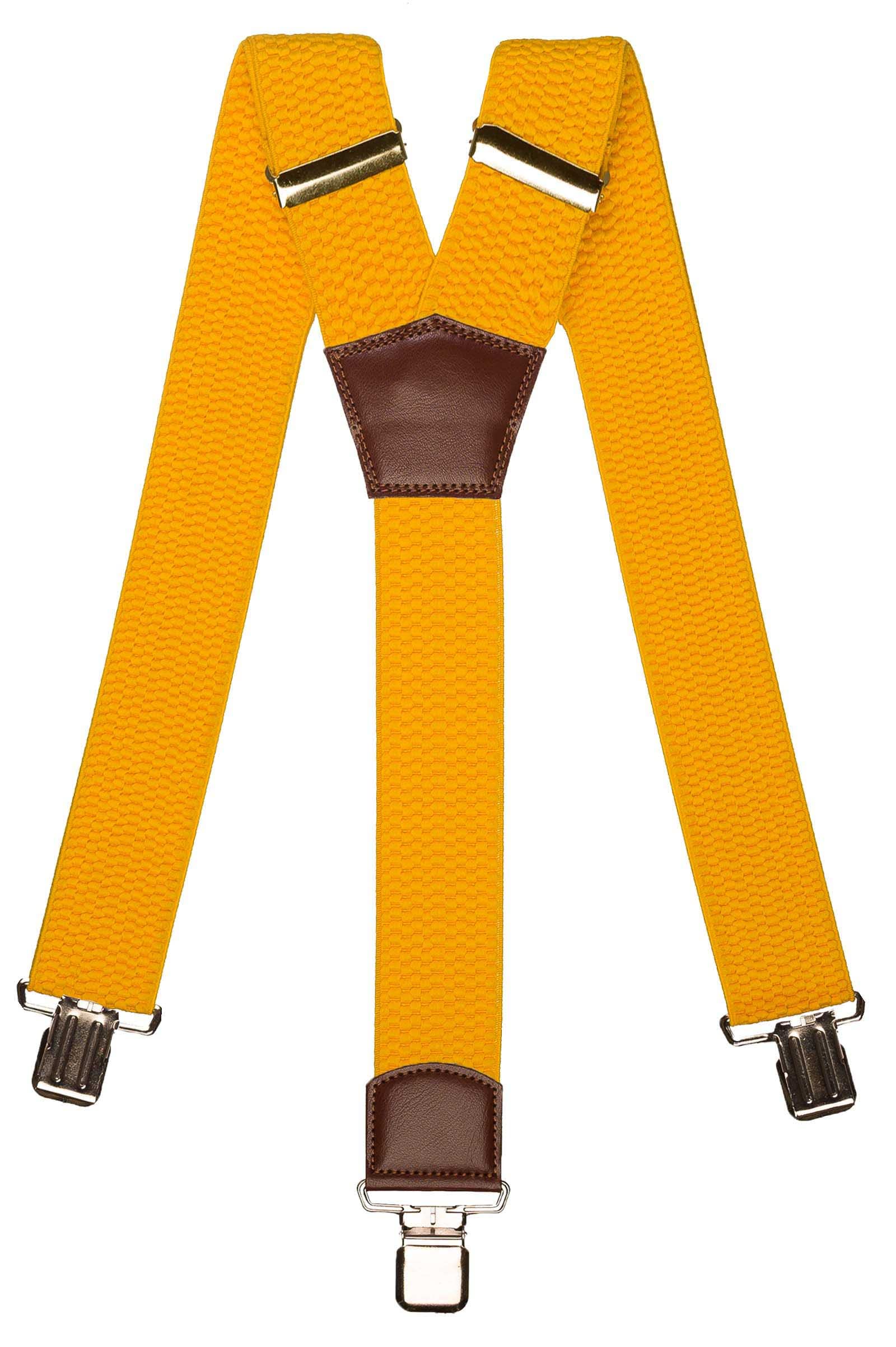 Olata Men's Extra Wide Heavy Duty Y-Shape Braces/Suspenders with Brown Leather - 5cm. Yellow