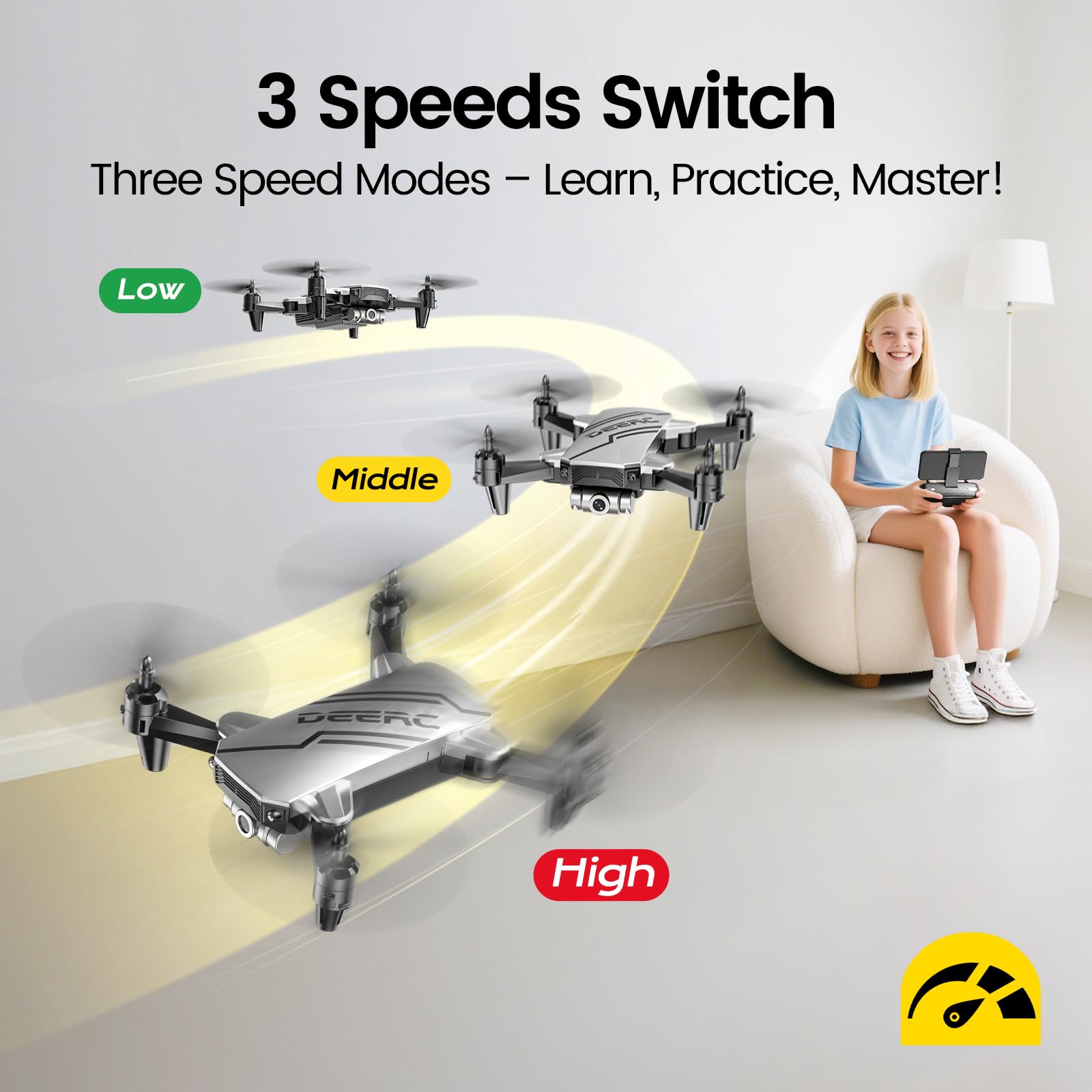 DEERC Mini Drone avec caméra quadricoptère 1080P pour enfants ou adultes avec 2 batteries, pliable, commutation automatique de la souris, contrôle vocal/gestuel, contrôle de la vitesse D20 Bleu