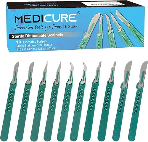 Medicure - Bisturíes desechables de varios tamaños, cuchillas afiladas de acero inoxidable Paquete de 10 Bolsas individuales estériles para