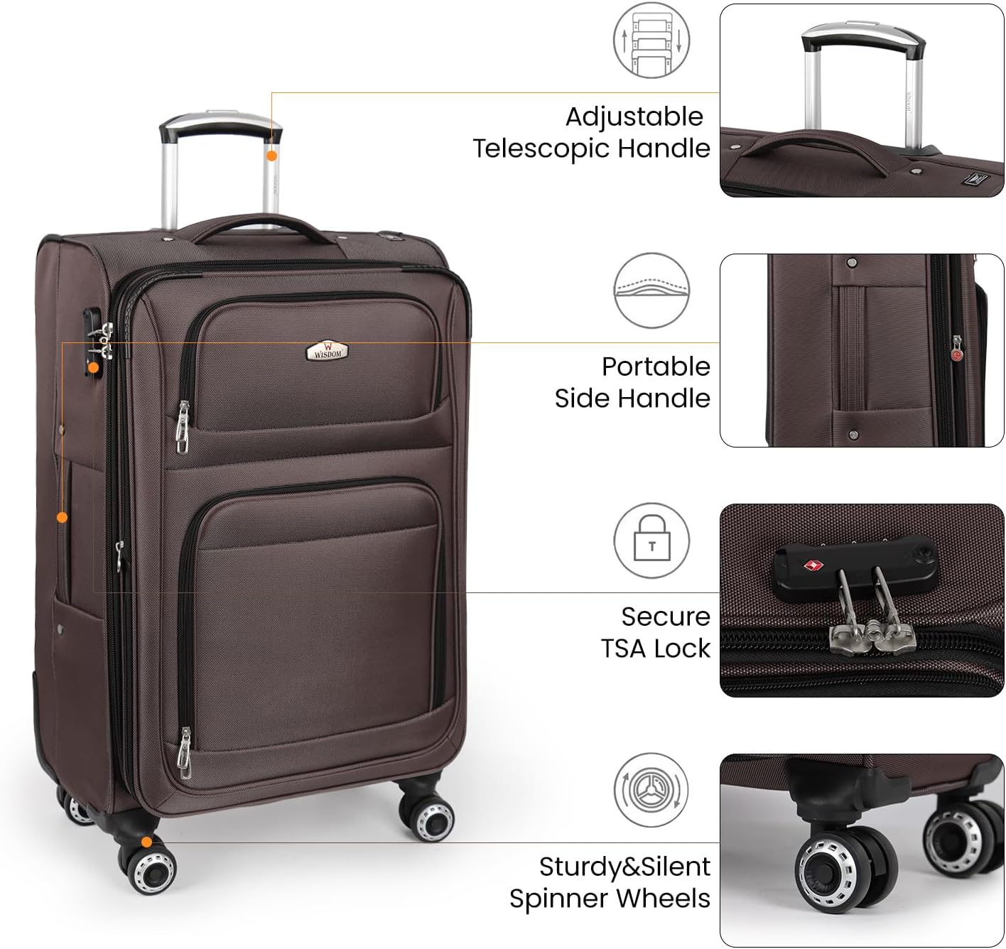 30'' Large Softside Suitcase,Expandable 15% Luggage,w/Double Spinner Wheels w/Combination LOCK,Lightweight Travel Suitcase for Travel（Coffee,30in）