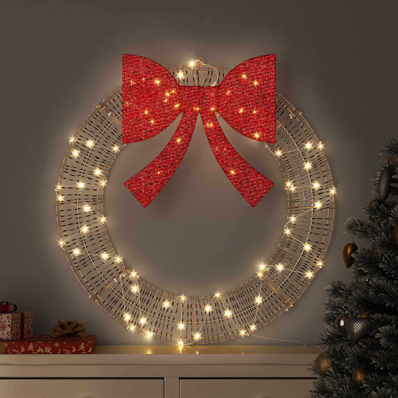 Couronne décoration Noël avec 60 LED Blanc Chaud 76 x 76 x 8 cm Pet, Guirlande Lumineuse USB, Ornement Suspendu pour intérieur extérieur, Ambiance Festive chaleureuse