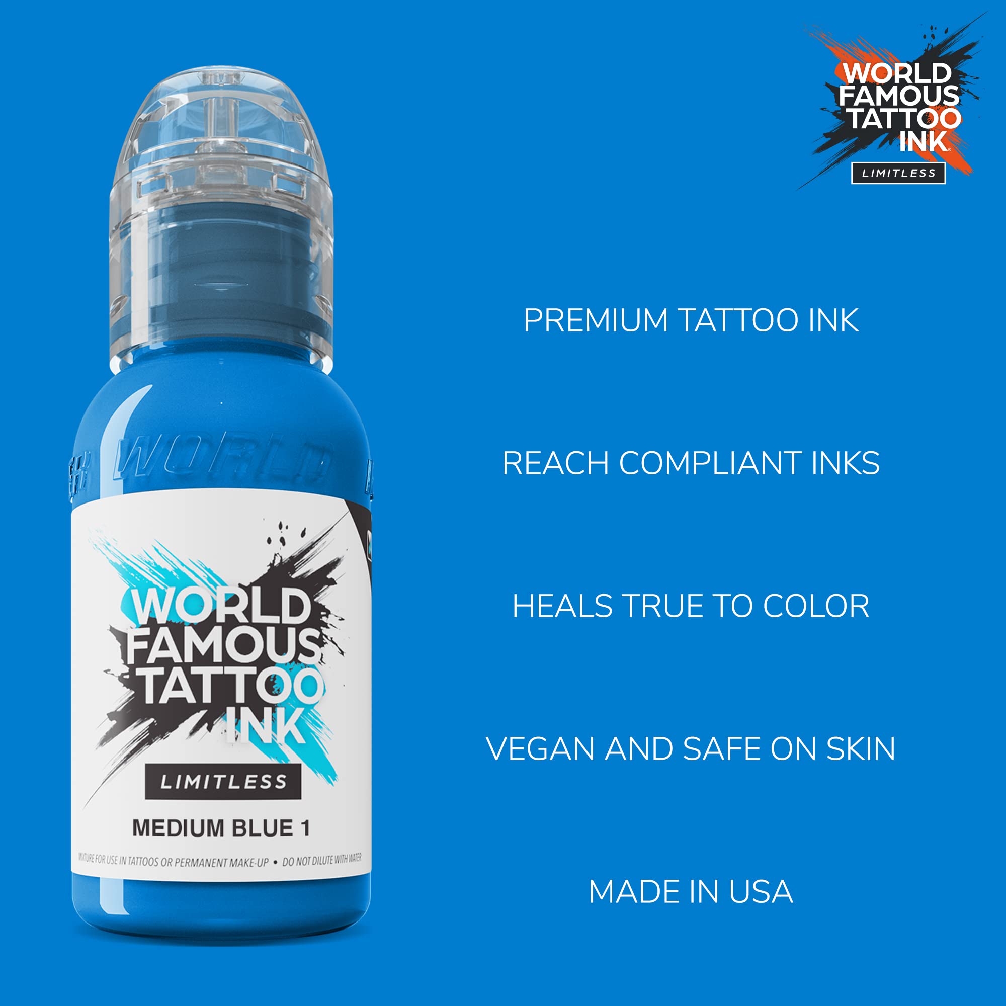 World Famous Tattoo Ink Limitless - Medium Blue 1 - Professional Tattoo Ink & Tattoo Supplies - Skin-Safe Permanent Tattooing in Bold Shades - Vegan & Non-Toxic (1 oz)