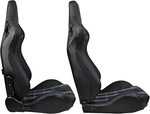 Miniatura 3 de IKON MOTORSPORTS, Par de asientos universales de carreras con deslizadores dobles, tela a cuadros azules y poliuretano y cuero de carbono