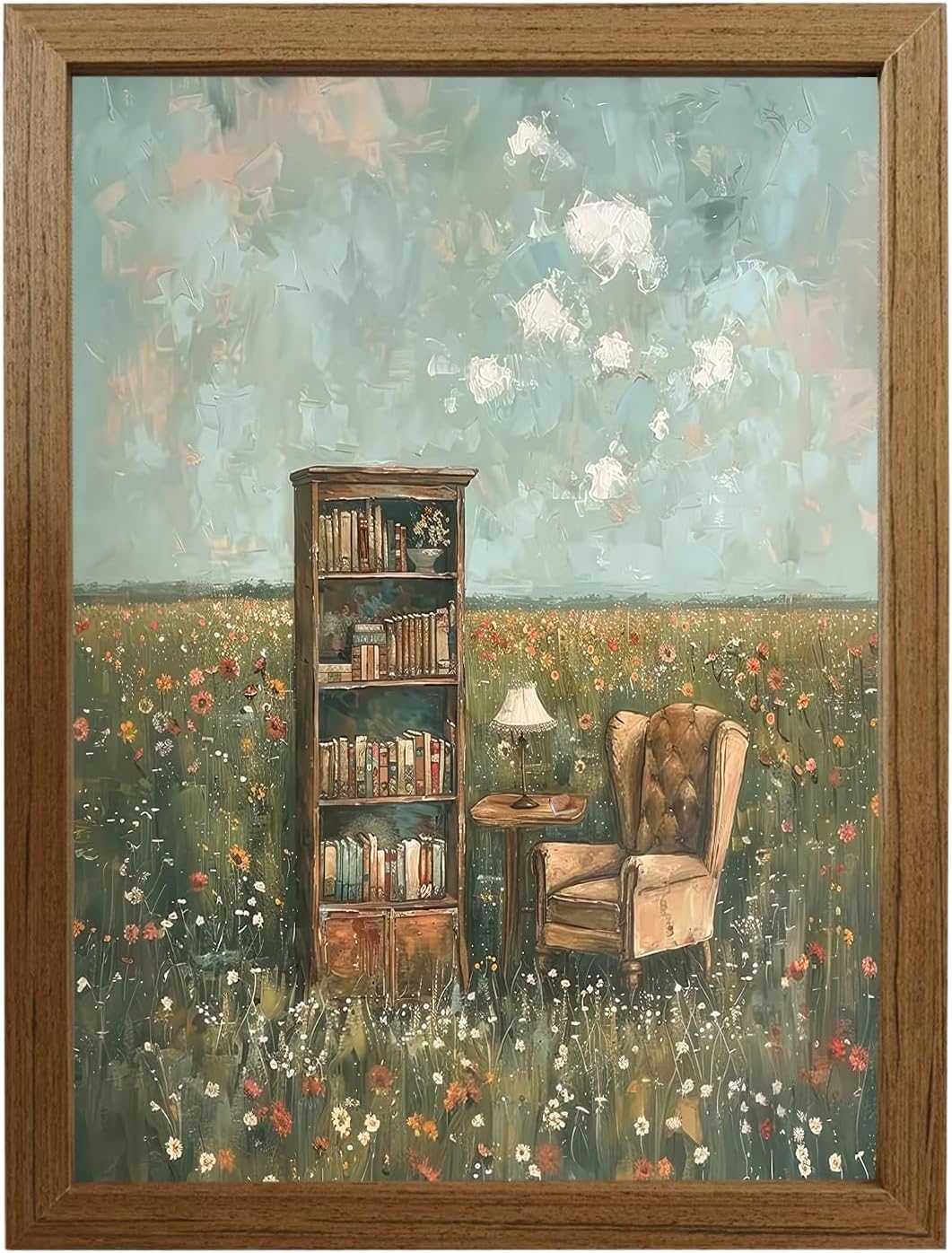 Vintage Book Nook Wall Art 12x16 Inch Wood Framed Canvas Print, Whimsical Book Lover Impressionist Flower Field Painting, Rustic Farmhouse Home Library Wall Decor, Ready to Hang