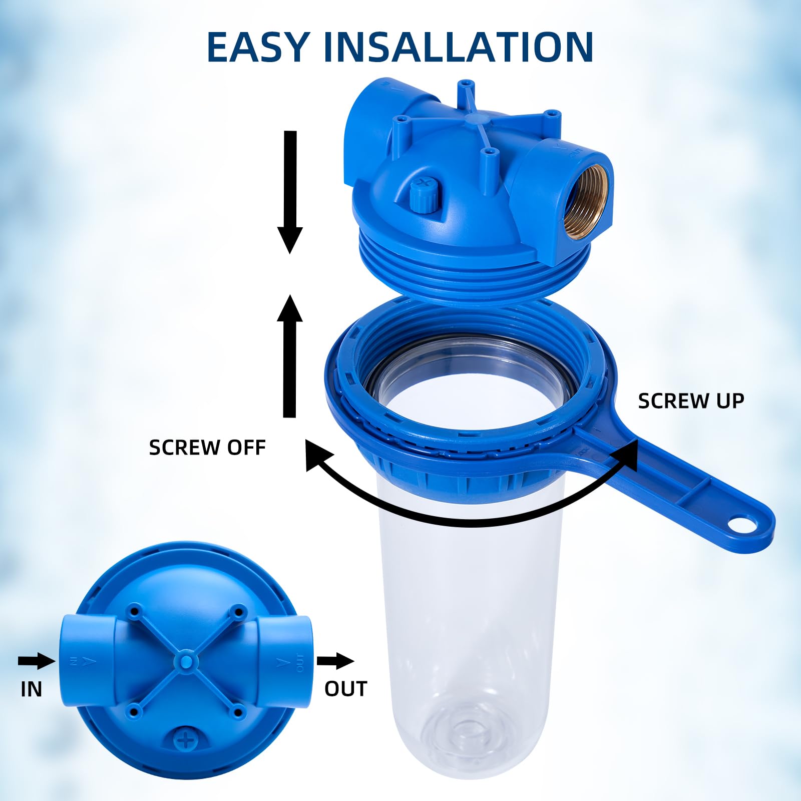 Filtergehäuse 10 Zoll Standard transparent Einstufig Filterflasche Messing 3/4 Zoll BSP Geeignet für alle 2,5 Zoll x 10 Zoll Kartuschen (Gehäuse + Spulenfilter)