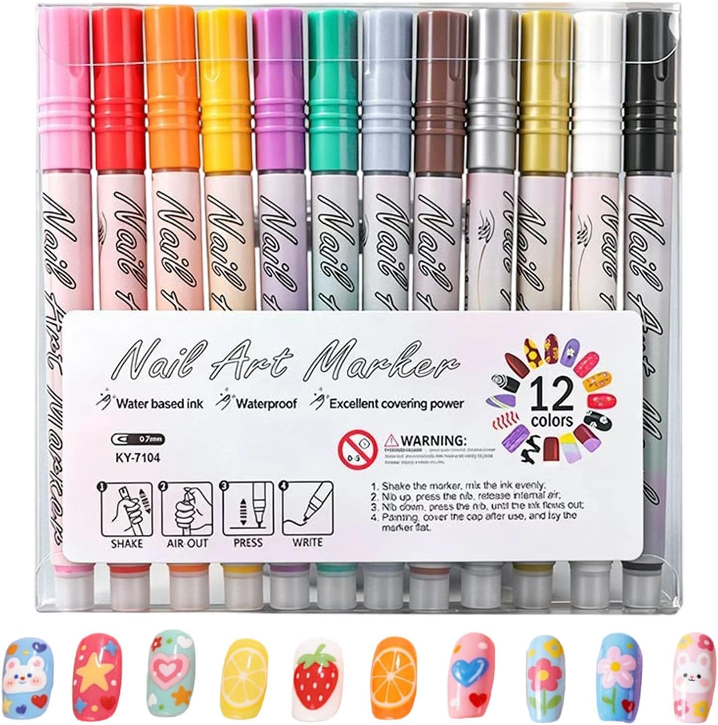 Suicune 12 Colors Nail Art Pens Set - 0.7MM 3D Nail Polish Pens Acrylic Paint Pens Acrylic Nail Markers for Nail Art Drawing Painting Nail Point Dotting Tool Liner Pen Manicure Tools Design Kit for Home Salon-image-11