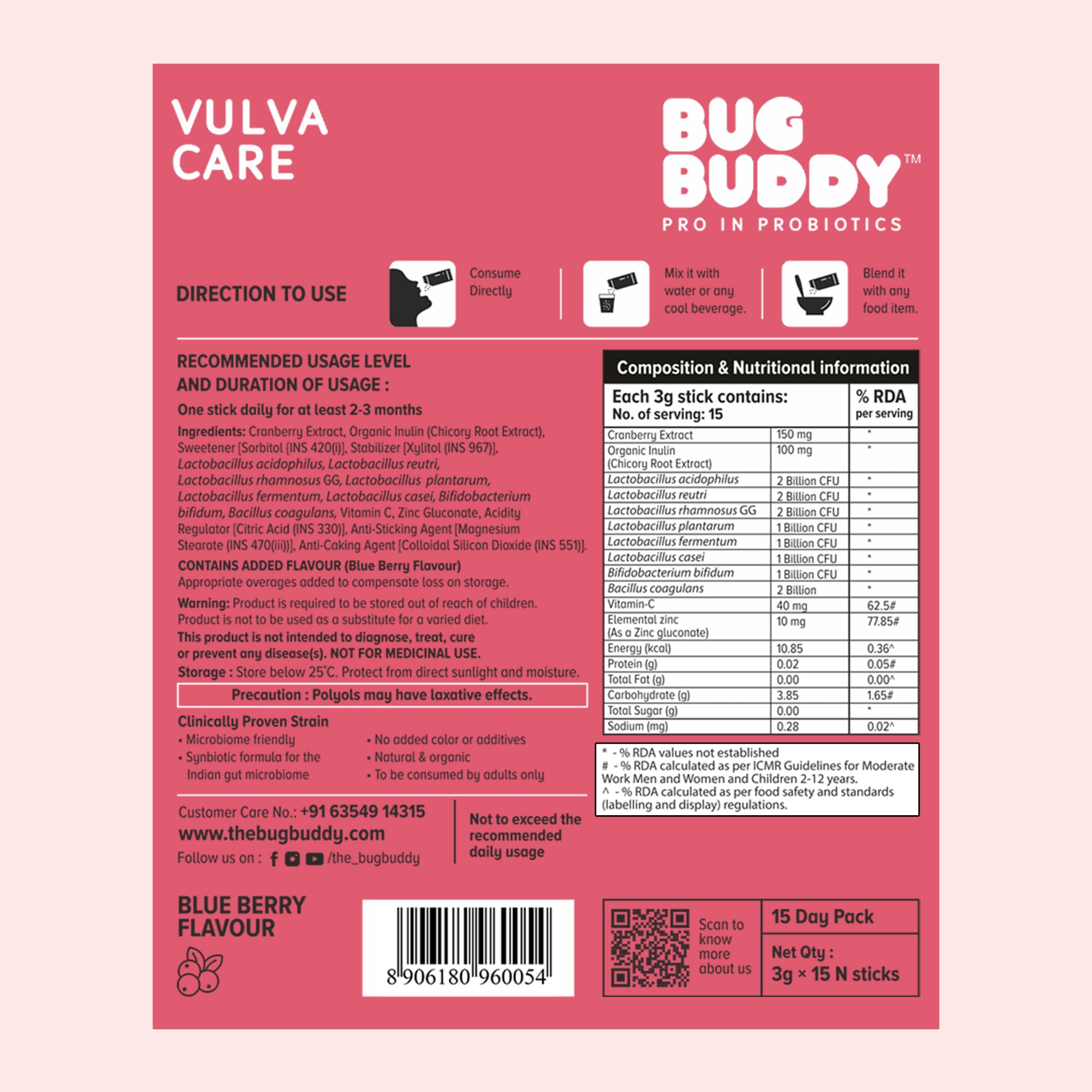 Bug Buddy Vulva Care | Vaginal Probiotic Supplement that helps Reduce UTIs & Other Vaginal Infections | Balances pH Levels | Promotes Beneficial vaginal Bacteria | 15 Days Pack 3