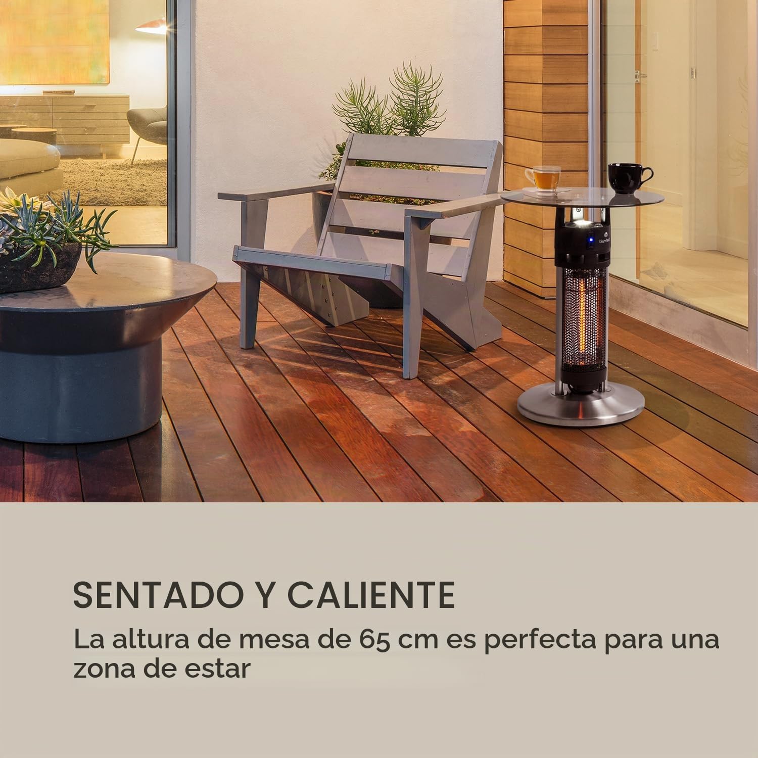 blumfeldt Primal Heat - Calefactor radiante de pie, Calefactor IR para mesa alta, Calefacción por infrarrojos, Radiador infrarrojo de 1600 W, Sensores de proximidad infrarrojos, Altura: 65 cm, Plata
