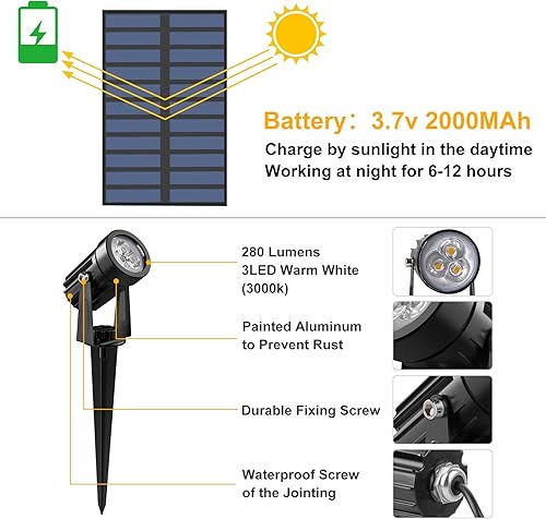 Miniatura 2 de Focos solares para exteriores, focos solares de paisaje IP65 impermeable de 9.8 pies, luces de pared para jardín, patio, entrada, porche, pasarela