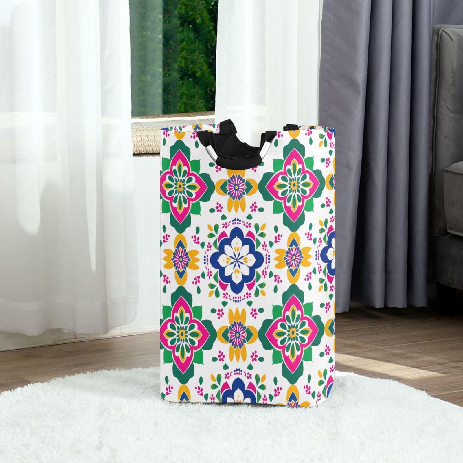Jihqo Laundry Hamper Basket Mexican Flowers Tile Collapsible Nursery Storage Bin Waterproof Clothing Baskets for Home Bedroom Bathroom Washing Room