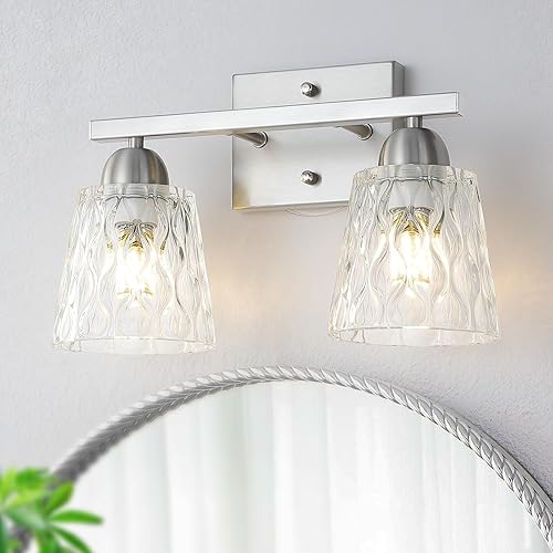 Lámpara de tocador de baño de acero inoxidable sobre el espejo, 2 lámparas de baño de níquel cepillado con pantallas de vidrio texturizado, montaje