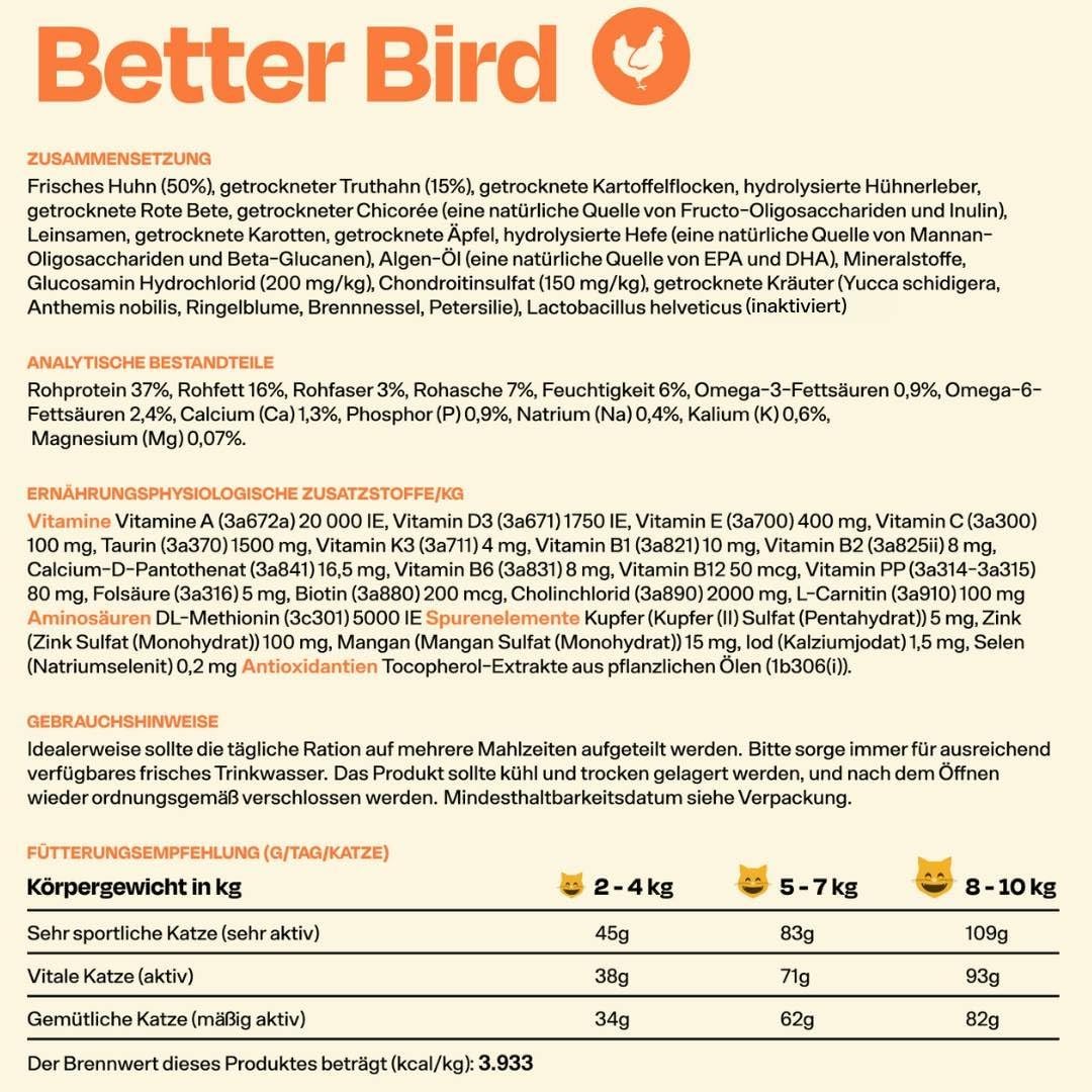 The Better Cat Alimento seco de alta calidad para gatos, sin cereales, comida seca para gatos, alto porcentaje de carne, sin azúcar, con probióticos (2 kg, pollo)