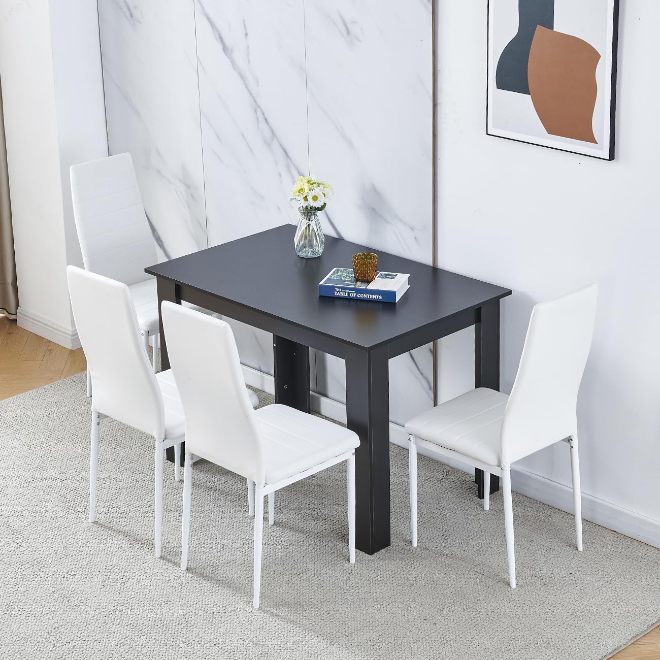 Homullel 110cm Dining Table and 4 Chairs, 4 Seater Kitchen Table and Chairs Set for Space Saving, Compact Dining Room Set for 4, 110x70 cm, Wooden, Walnut Black (4 Seaters, PU Eggshell White) โ image 1