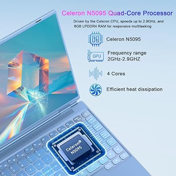 Laptop 14 Inch Celeron N5095 Up to 2.9Ghz, Win 11 Laptop with 8+256GB SSD Extension 1TB, Notebook Support 5G WiFiBluetooth 4.2Cooling Fan1920*1200Mouse and Keyboard Protector-Blue