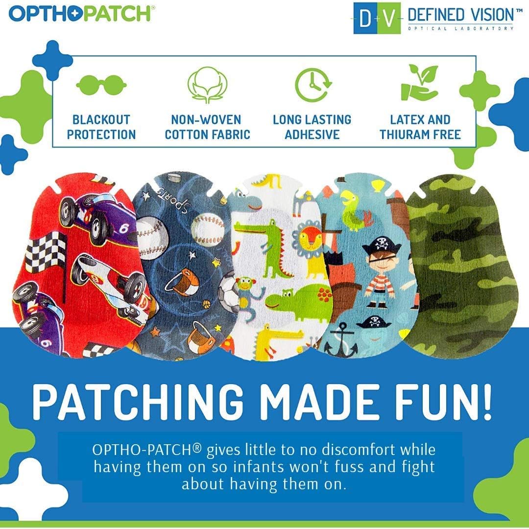 OPTHOPATCH Eye Patches for Infants - Fun Boys Design - 60+10 Bonus Latex Free Hypoallergenic Cotton Extra Sensitive Adhesive Bandages for Amblyopia & Cross Eye by Defined Vision