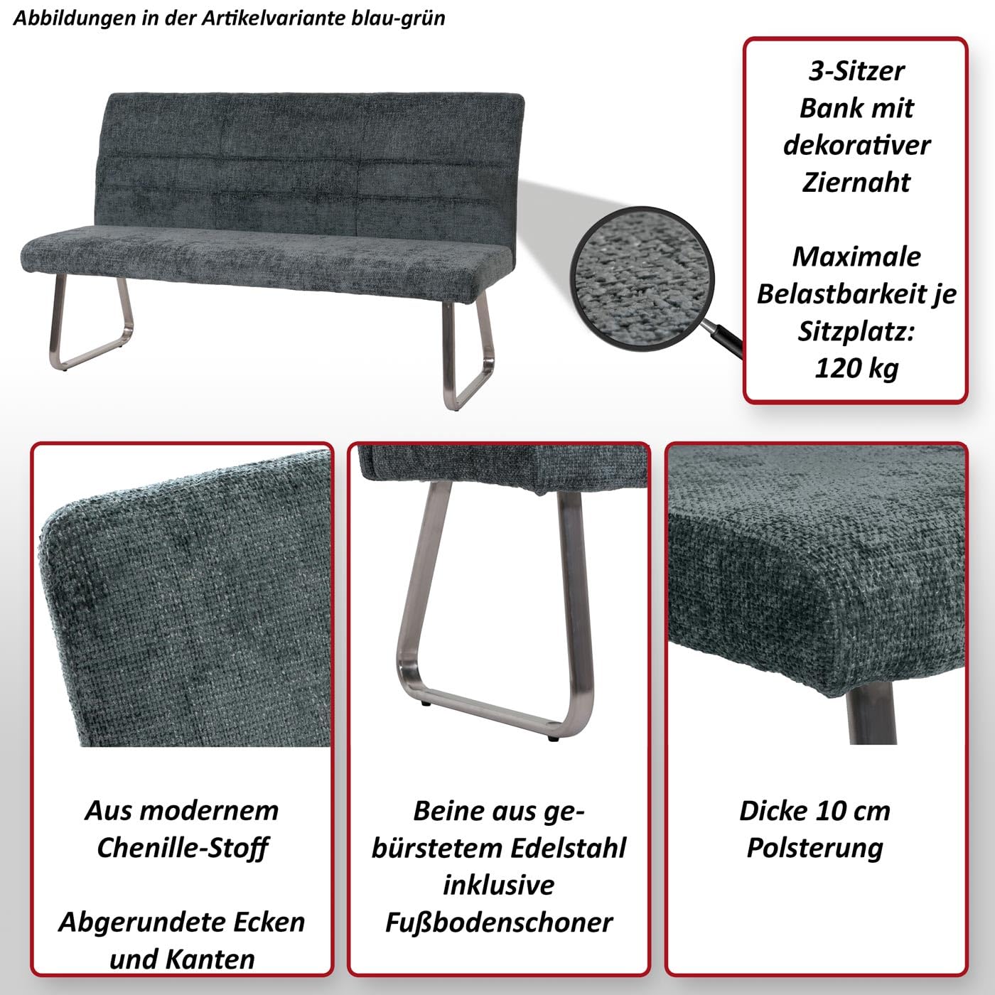Mendler Banc HWC-G55 Chenille Öko-Tex, 180cm Gris foncé