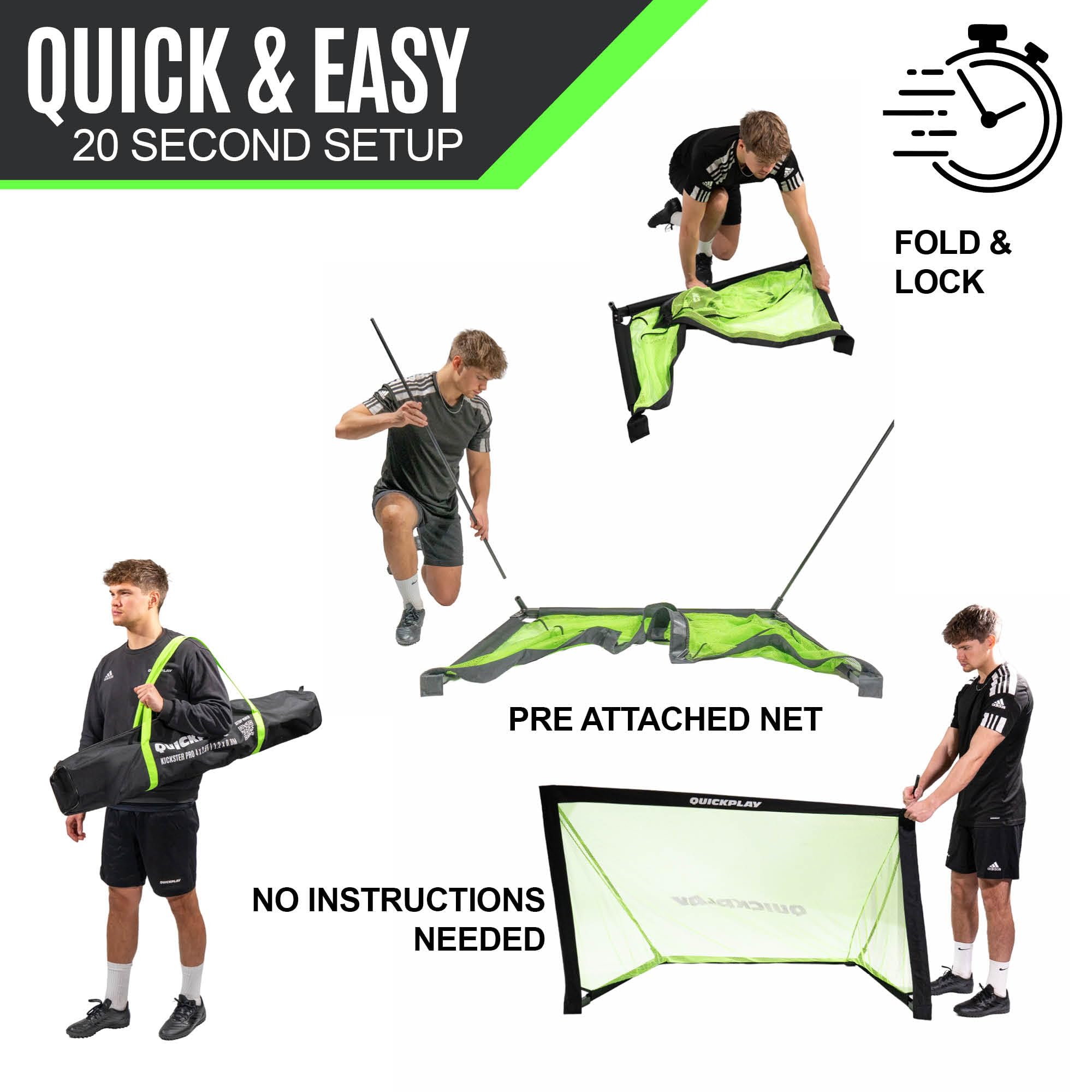 QUICKPLAY QuickPlay Kickster Pro Portable Football Goals for 3v3 Training, Matches & Instant Play - 20 Second Setup Folding FlexiGoal, Weighted Base, Indoor and Garden Football Goals with Pre-Attached Net in use