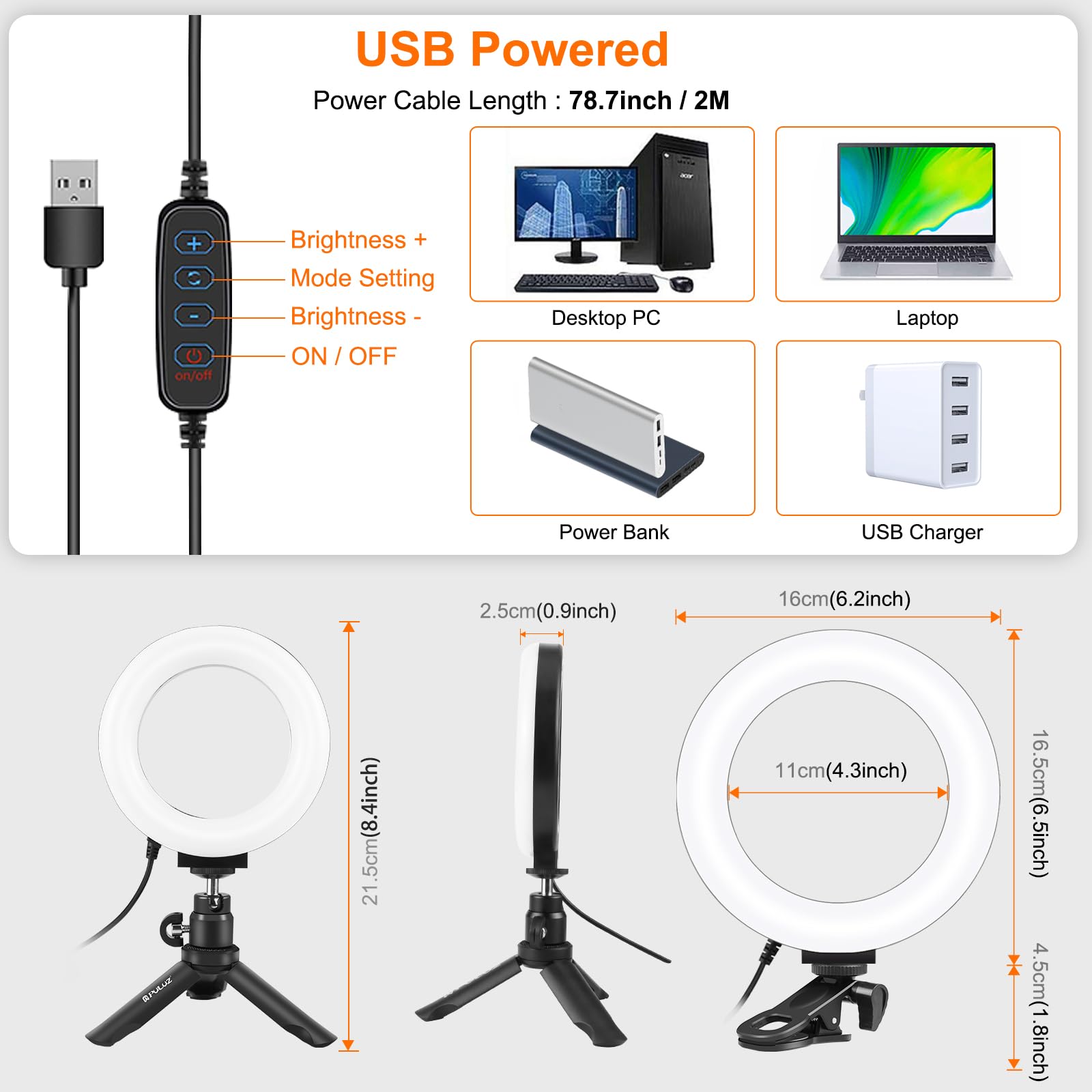 PULUZ Lampa pierścieniowa do laptopa z 72 diodami LED, 6 cali, światło wideokonferencyjne z klipsem i statywem, 3 kolory światła + jasność, 10-stopniowe światło wideo do Tiktok, Zoom, YouTube, Live