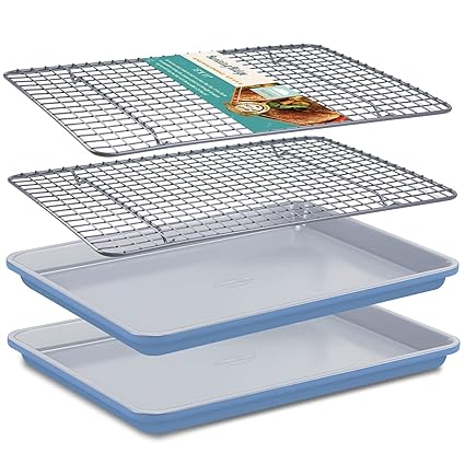 Baking Sheet with Rack Set (2 Pans + 2 Racks), Bicolor Baking Pan with Cooling Rack, Nonstick Cookie Sheet, Warp Resistant & Heavy Duty & Rust Free (Navy Blue & Grey)