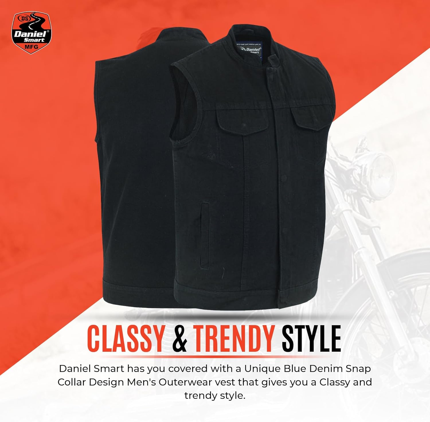 Daniel Smart Men Denim Vest Scoop Collar Motorcycle Vest for Men with Inside Carry Pockets & Hidden Zipper