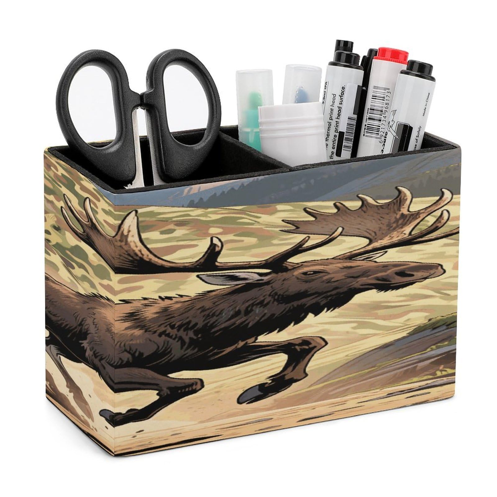 VstaDank Hunting Camo Deer Pencil Holder for Desk Organizer 2 Compartments Pen Cup Leather Square Pen Holder Pencil Cup Stand Makeup Brush Holders for Desktop Organizer Storage Case