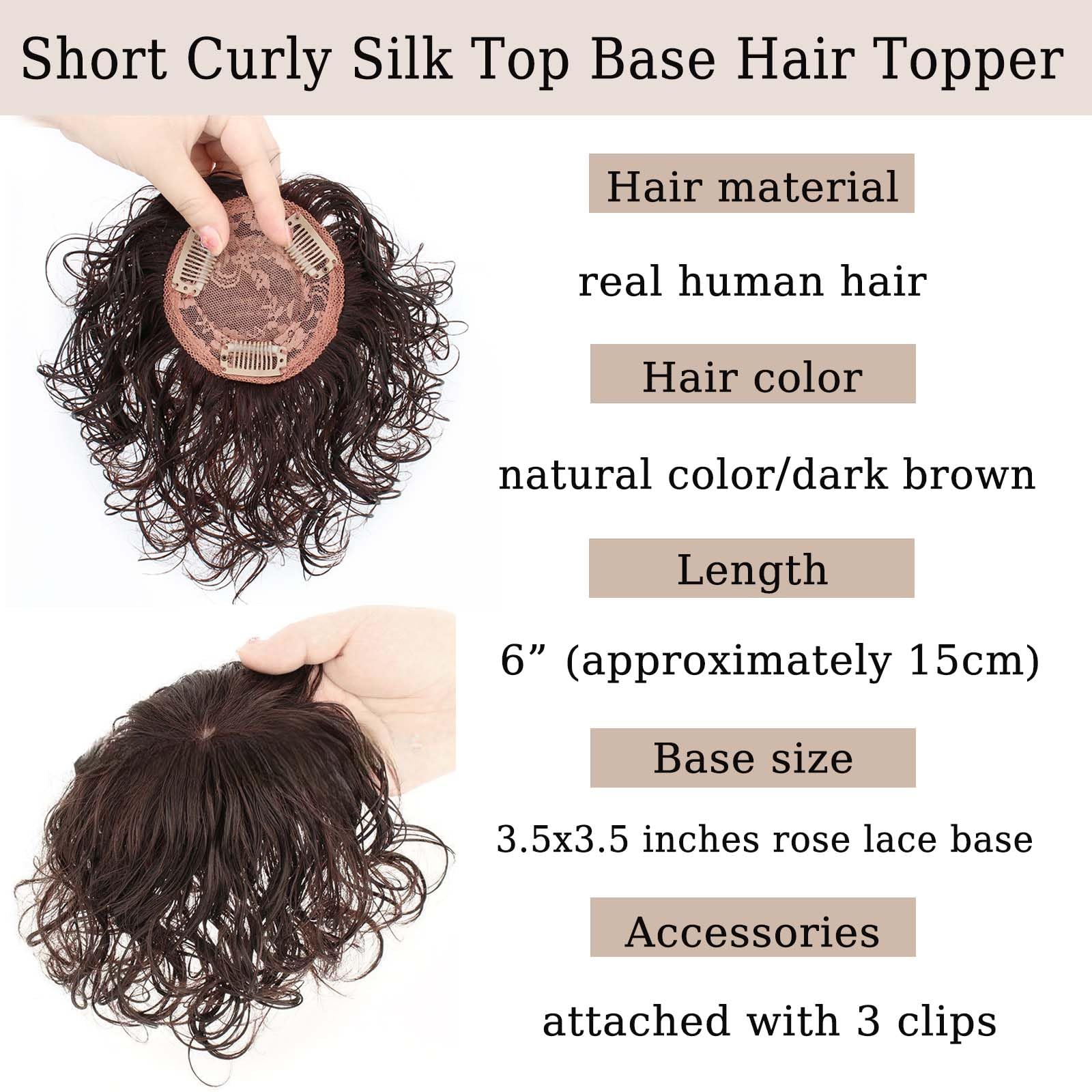 Topper per capelli veri ricci in seta da 3,5"x3,5" per donne con capelli radi, clip corta da 6" per cuoio capelluto realistico, pezzi superiori per uso quotidiano (marrone scuro)