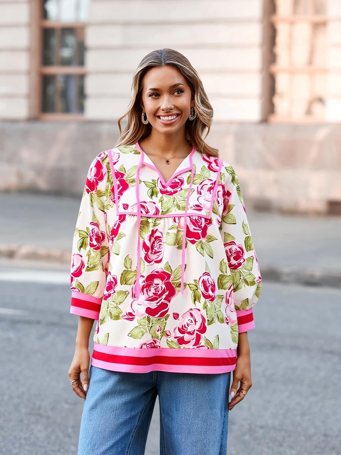 Cicy Bell Womens Floral Print Babydoll Blouse V Neck 3/4 Sleeve Peplum Tops Casual Loose Fit Boho Flowy Shirts - Image 2